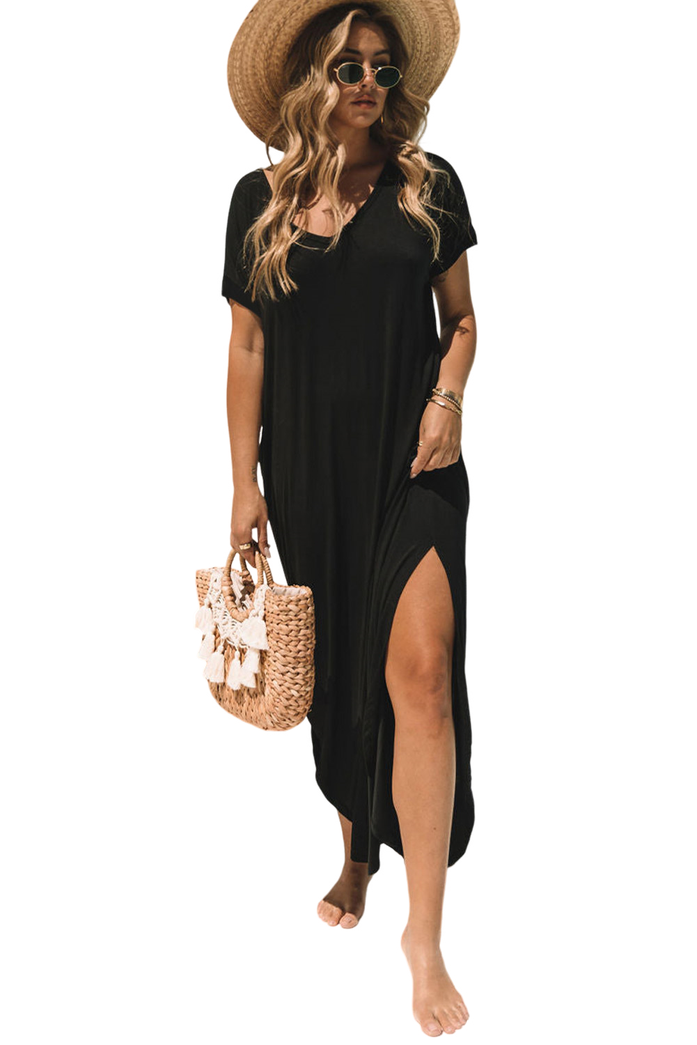 Solid Color Hidden Pocket V Neck Slit Maxi Dress