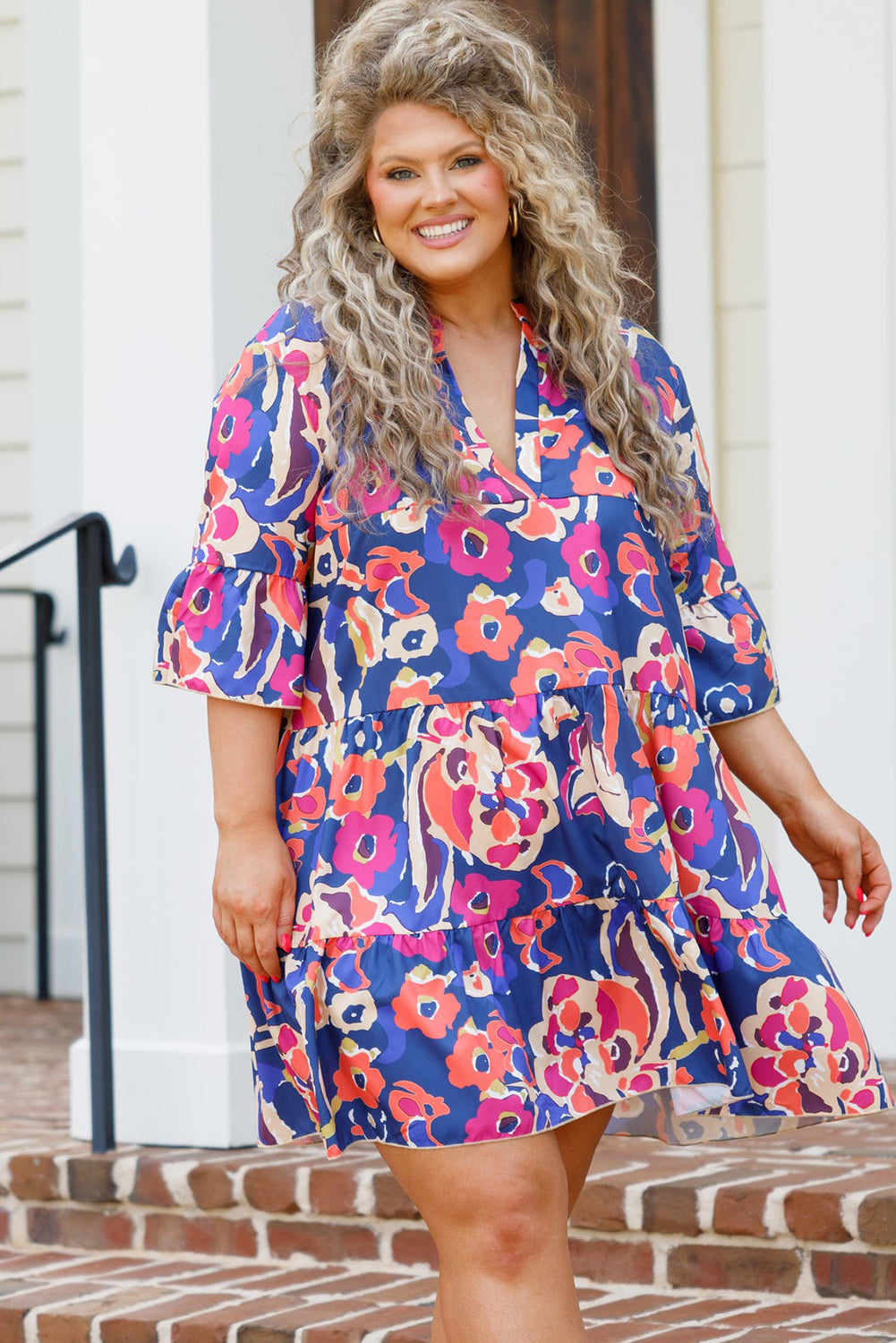 Curvy Blue Floral Print Bell Sleeve Mini Dress