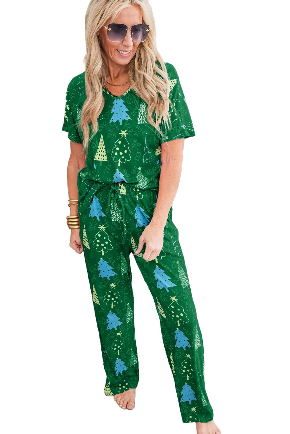 Christmas Tree Print V Neck Tee and Pants Lounge Set