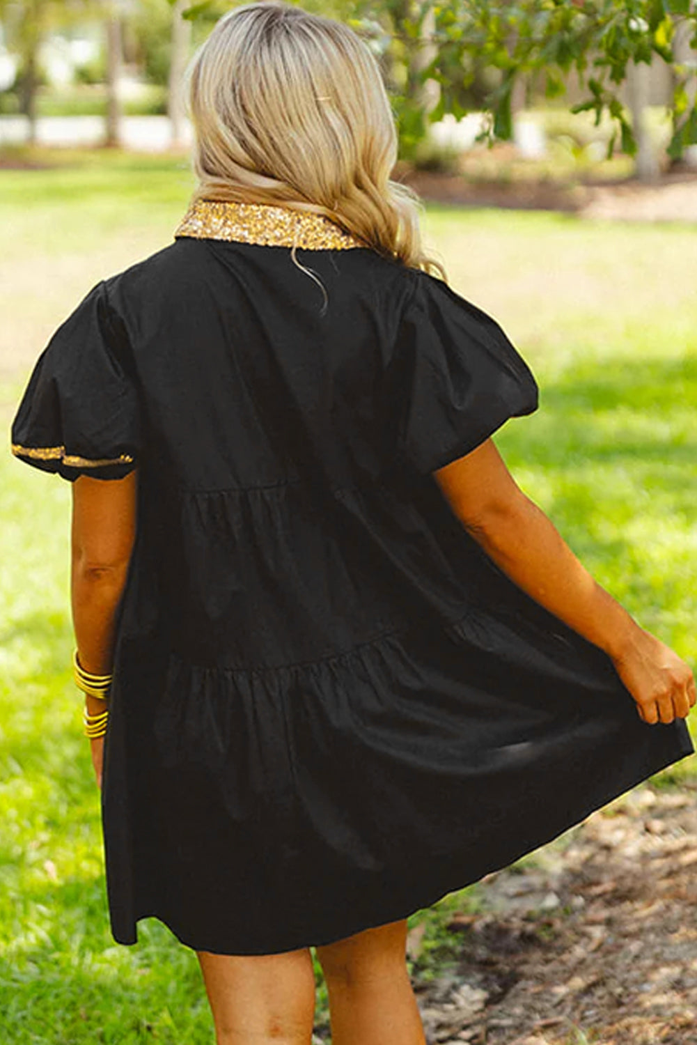 Black Sequin Trim Bubble Sleeve Tiered Mini Dress