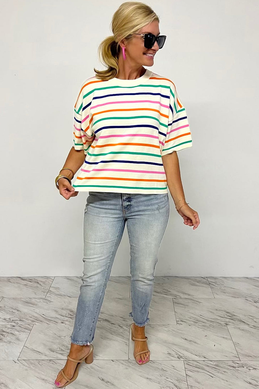 Beige Stripe Dropped Short Sleeve Loose Fit Knitted Top