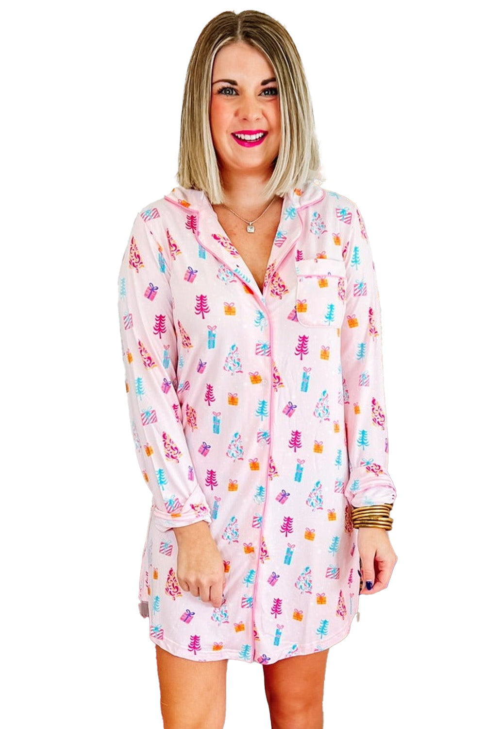 Christmas Twinkle Tree Print Casual Shirt Sleep Dress