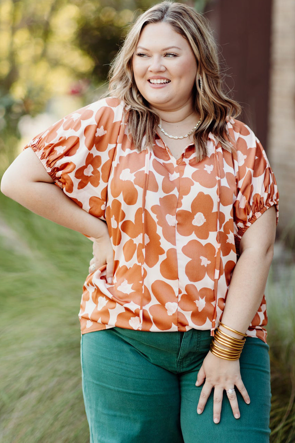 Orange Floral Print Drawstring V Neck Short Sleeve Blouse