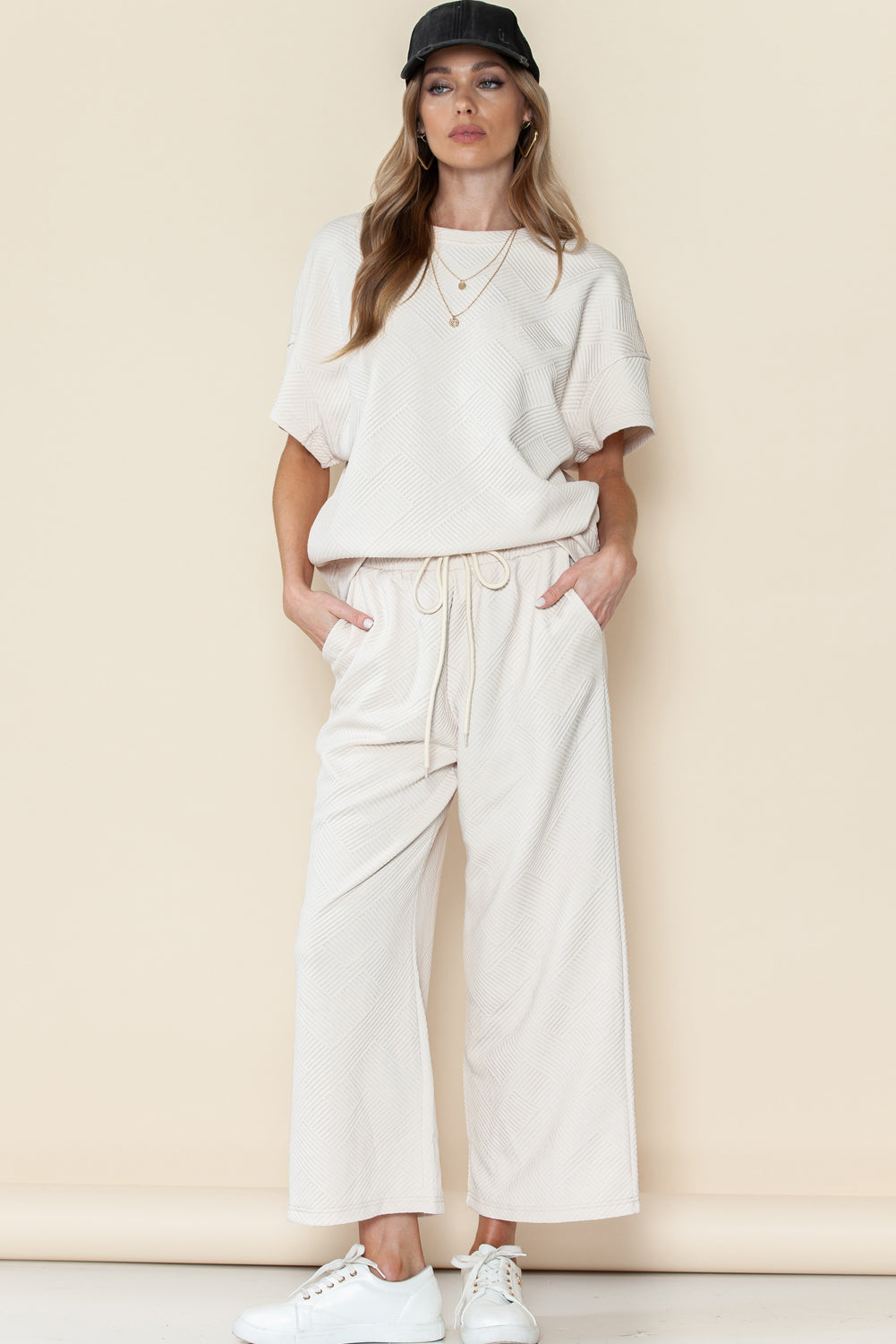 Textured Loose Fit T Shirt and Drawstring Pants Set