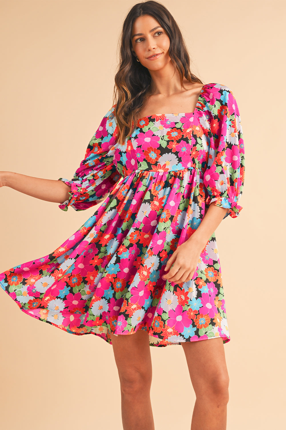 Rose Floral Print Square Neck Short Puff Sleeve Dress