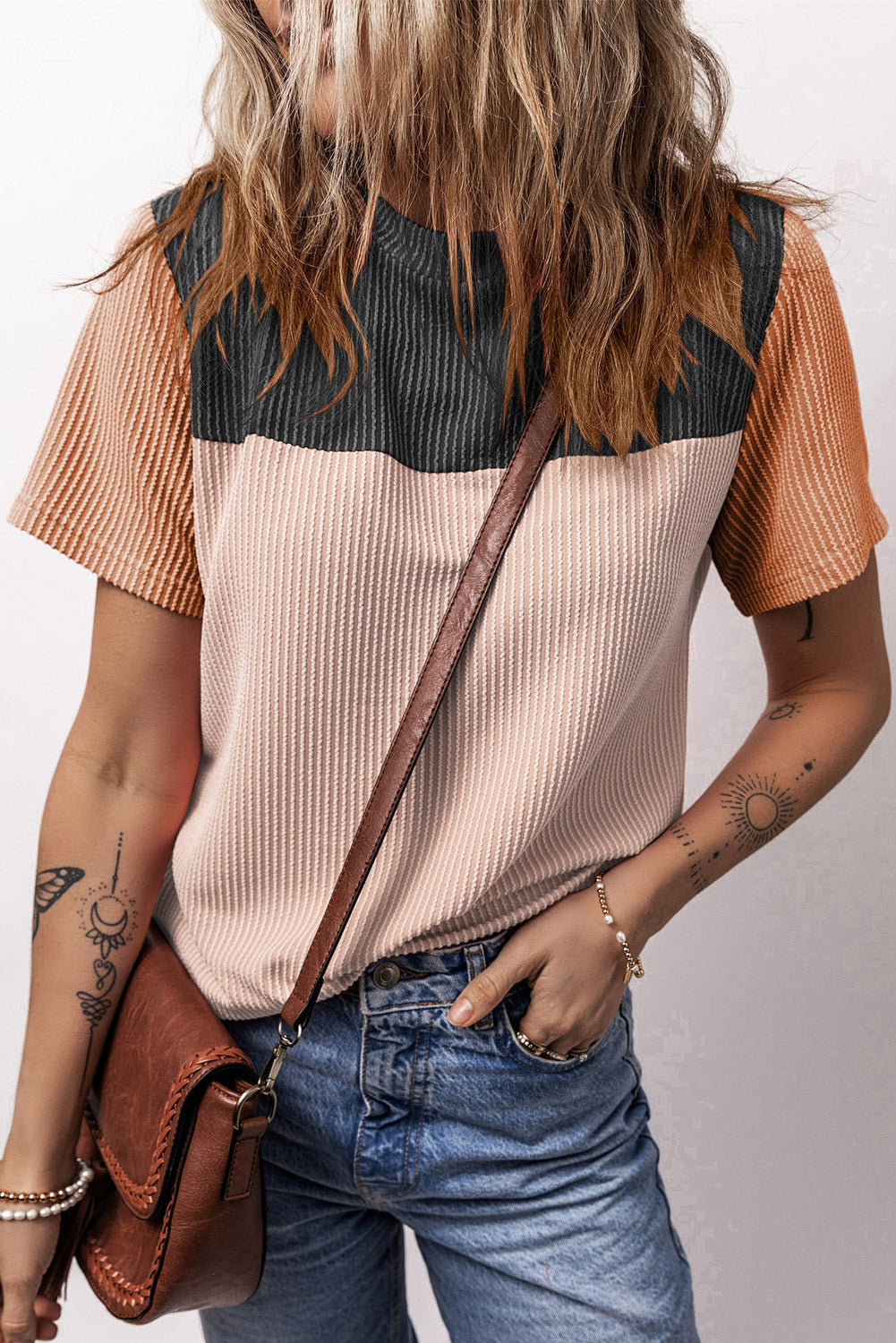 Ribbed Textured Colorblock T Shirt