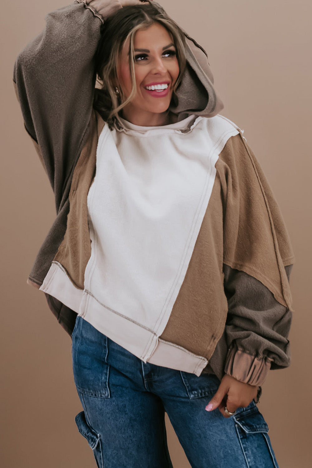 Brown Plus Size Exposed Seam Patchwork Sweatshirt