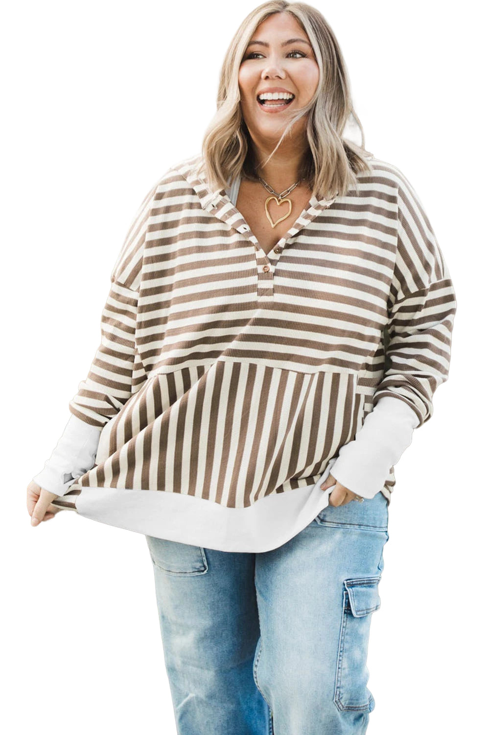 Striped Drop Sleeve Plus Size Henley Hoodie