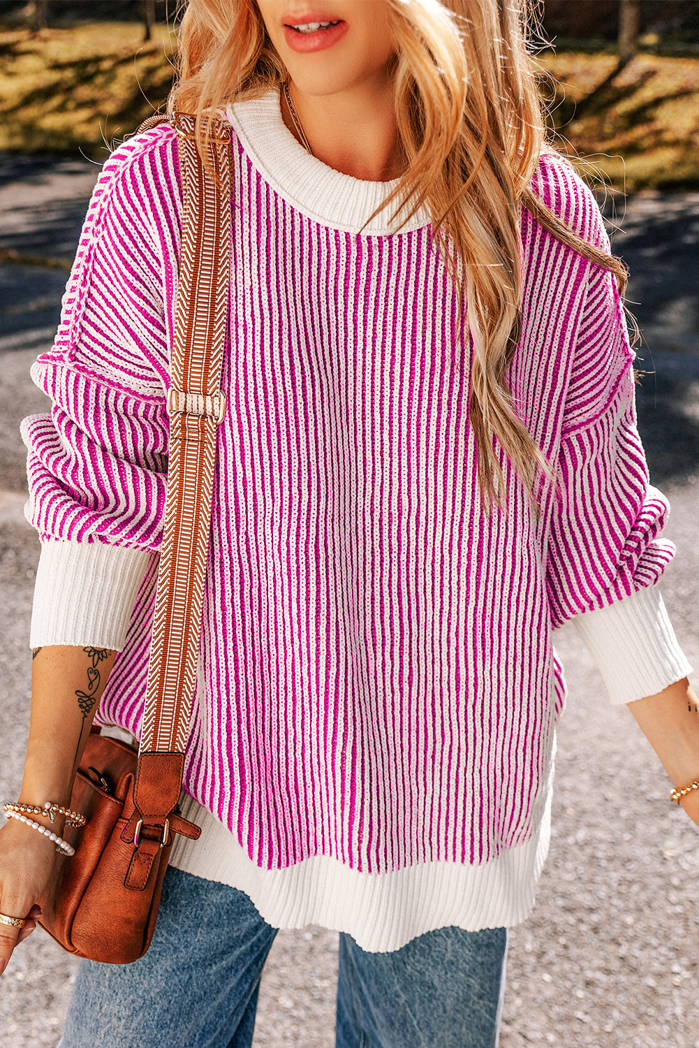 Striped Contrast Trim Loose Sweater