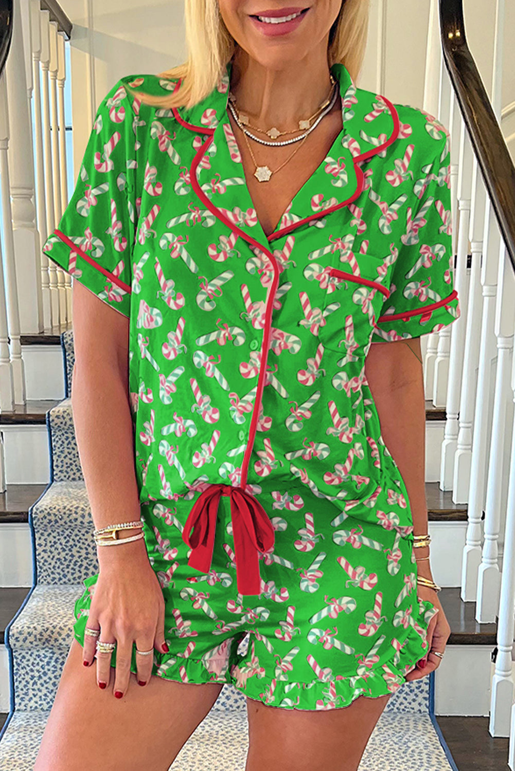 Christmas Candy Cane Print Knotted Pajama Set