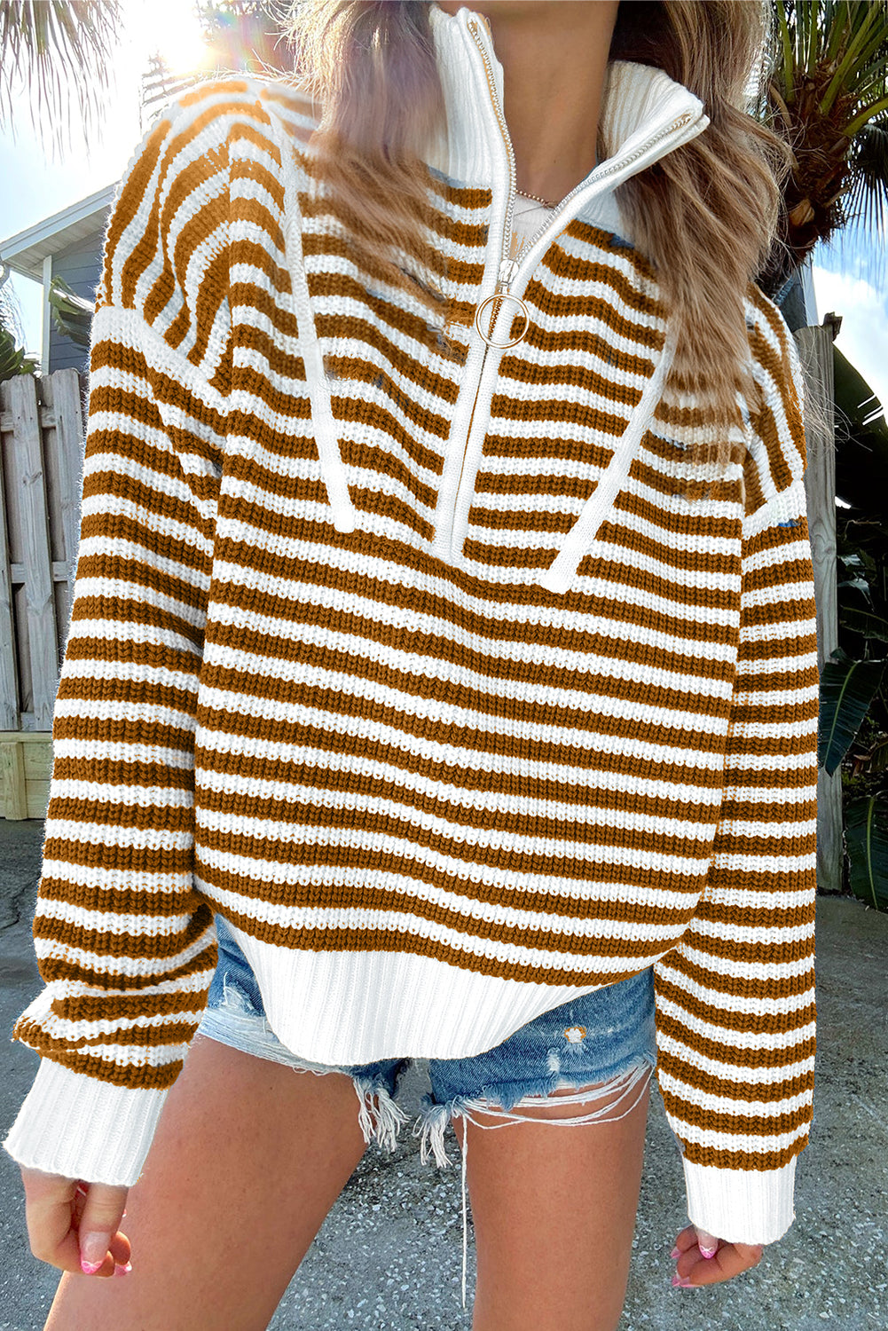 Striped Zip Up Collar Drop Sleeve Sweater