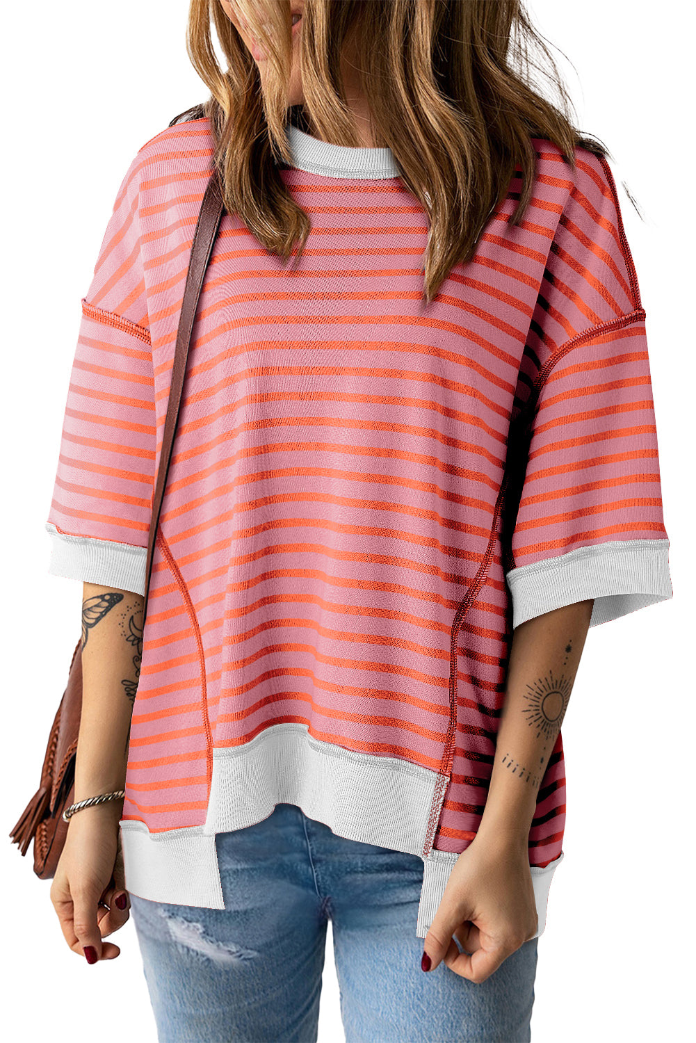 Stripe Colorblock Drop Sleeve Oversized T Shirt