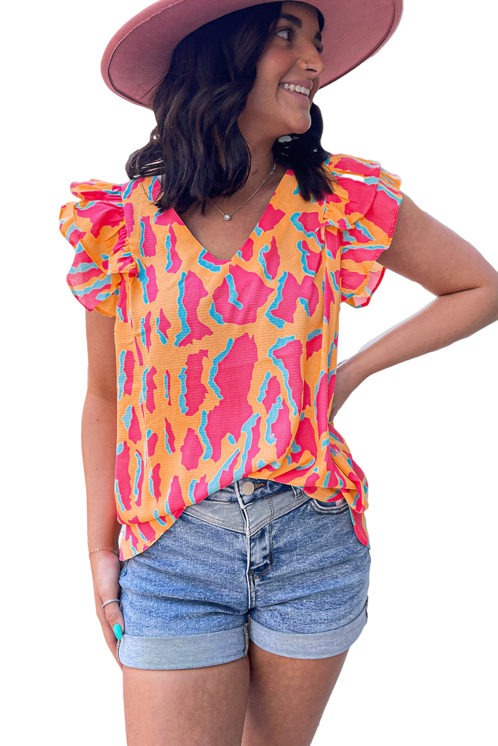 Orange Abstract Print V Neck Ruffled Sleeve Blouse