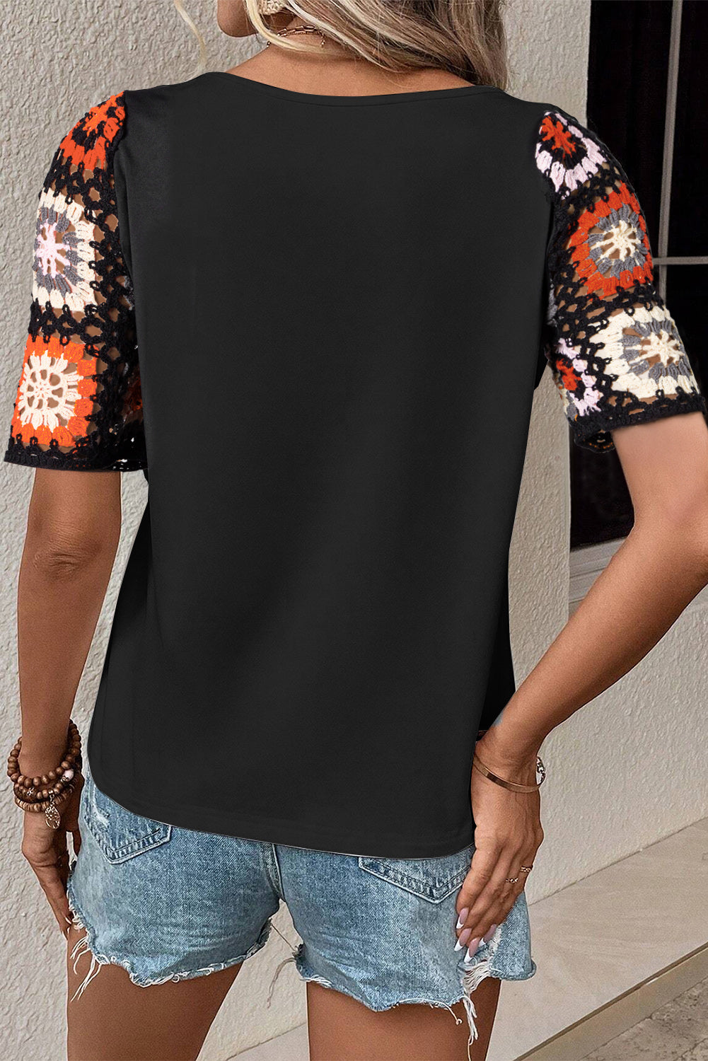 Floral Hollowed Crochet Sleeve Boho T Shirt