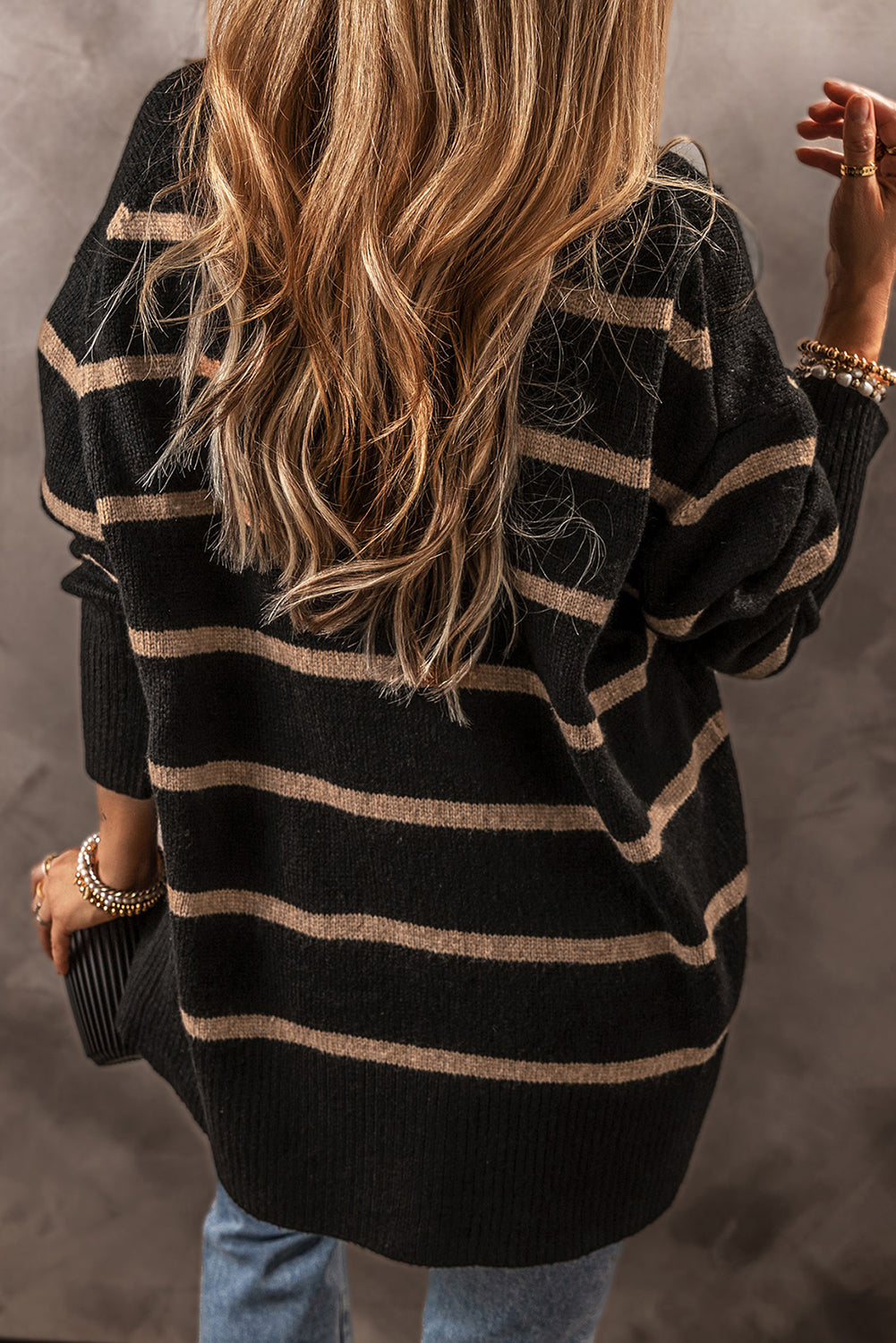 Striped Buttoned V Neck Drop Shoulder Loose Cardigan