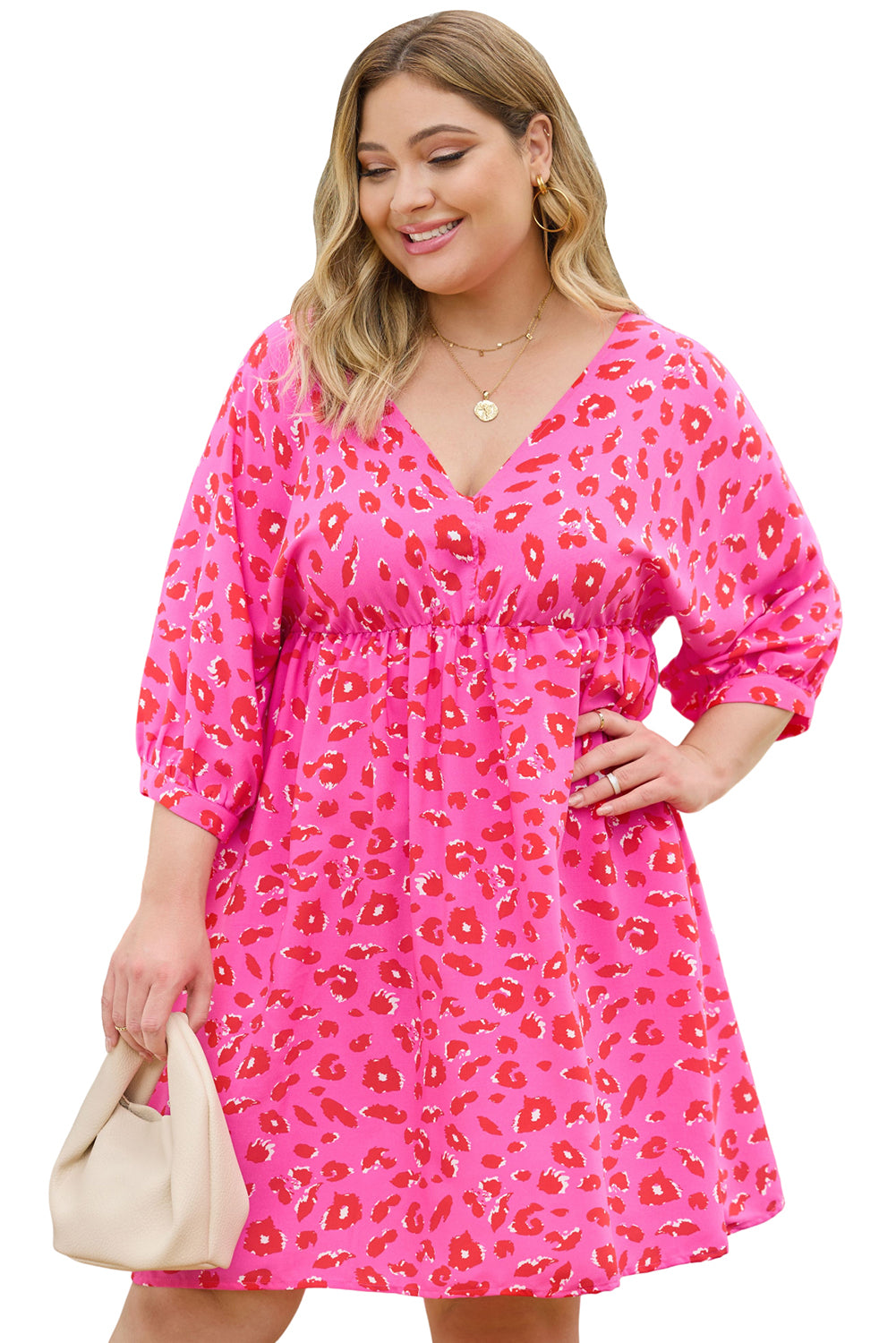 Rose Plus Size 3/4 Sleeves V Neck Leopard Dress