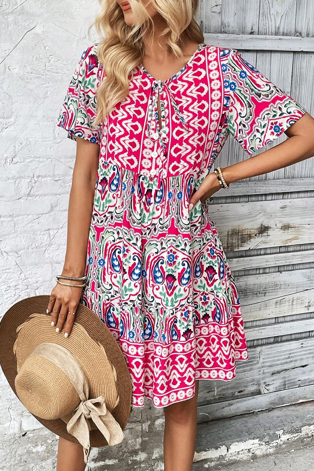 Bohemian Tie Neck Flounce Sleeve Ruffle Hem Mini Dress