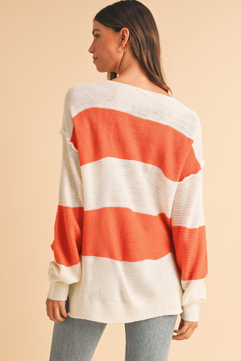 Orange Colorblock V Neck Side Slits Sweater