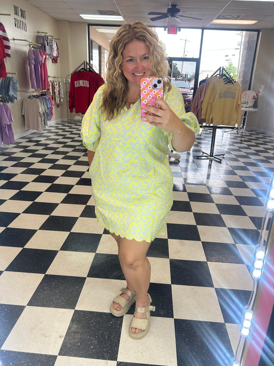 YELLOW AND GRAY FLORAL JACQUARD PUFF SLEEVE DRESS