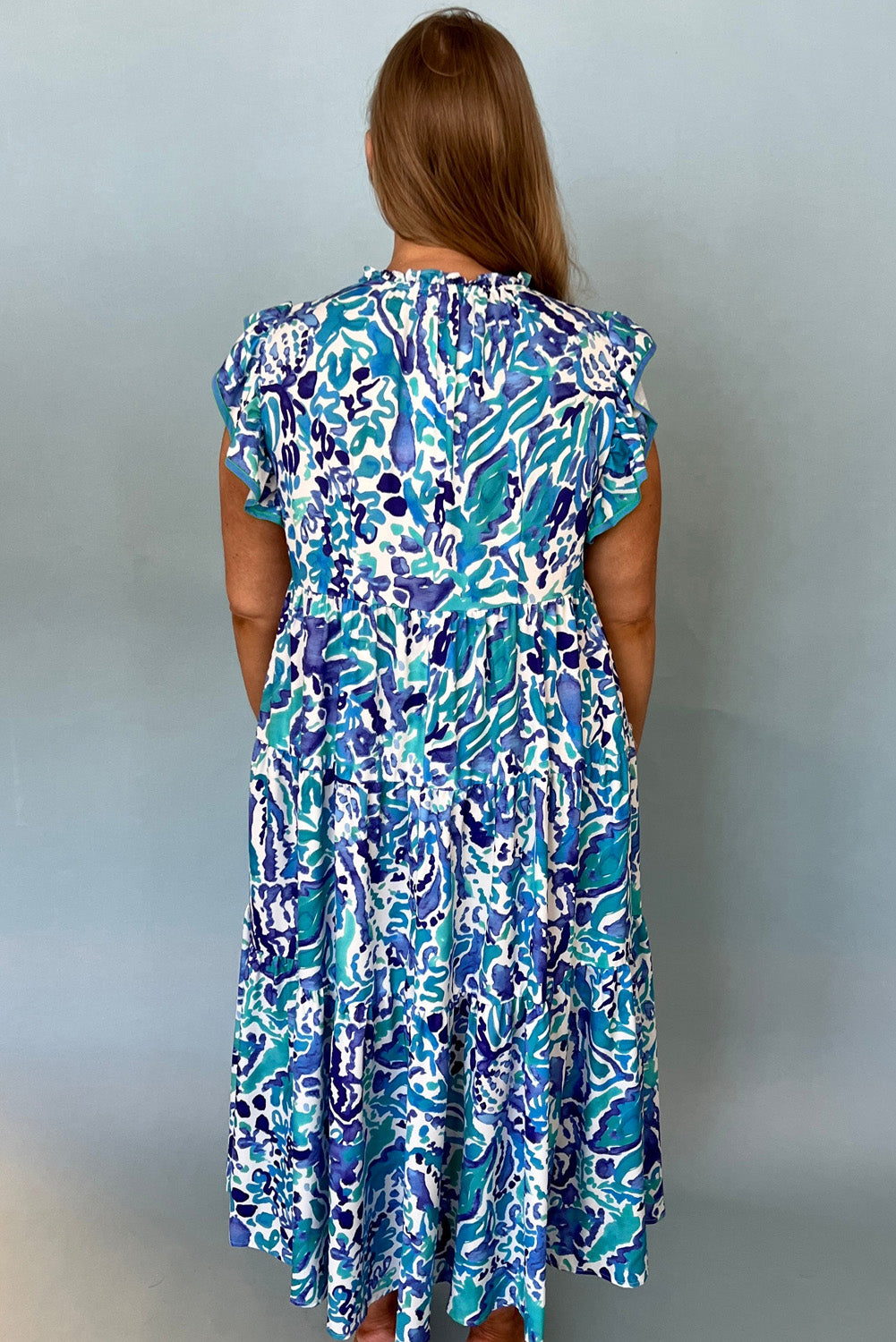 Sky Blue Abstract Print Split Neck Ruffle Tiered Dress