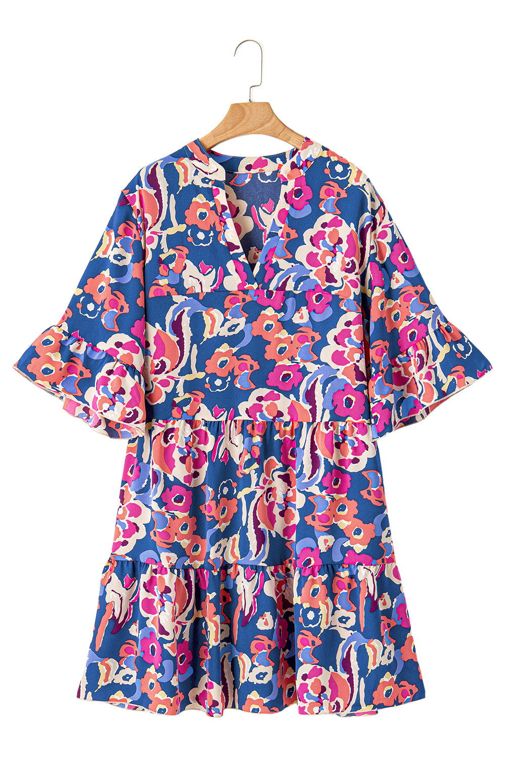 Curvy Blue Floral Print Bell Sleeve Mini Dress