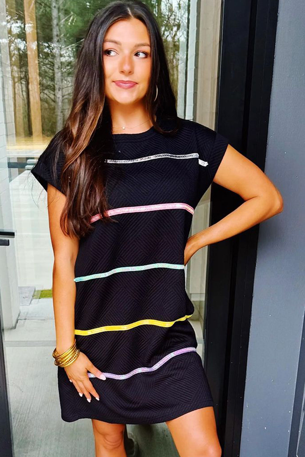 Sequin Striped Cap Sleeve Textured Mini Dress