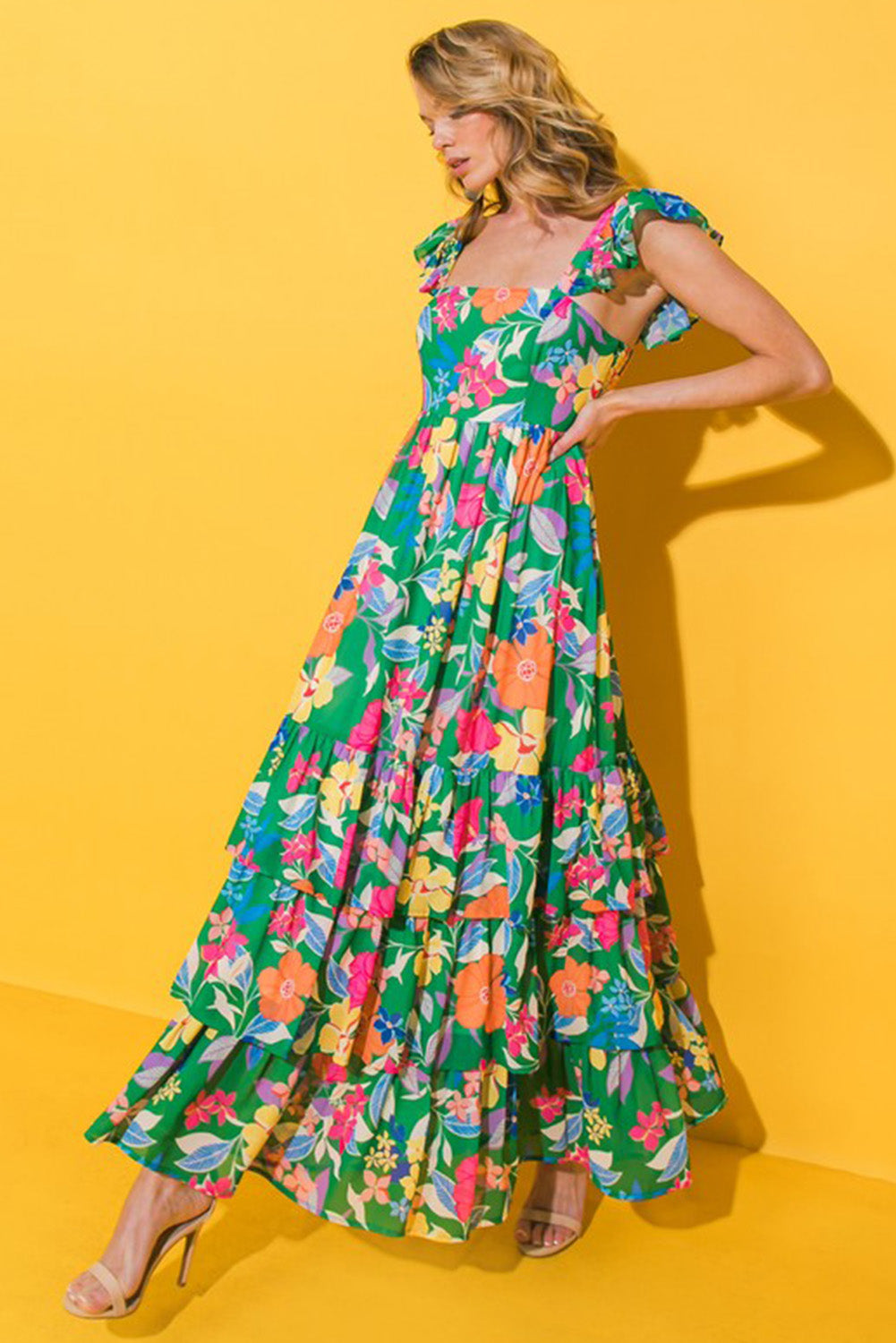 Boho Floral Print Ruffle Sleeveless Tiered Maxi Dress