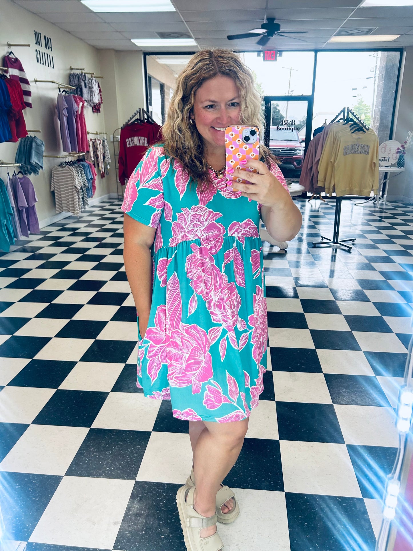TEAL AND PINK FLORAL BABY DOLL DRESS