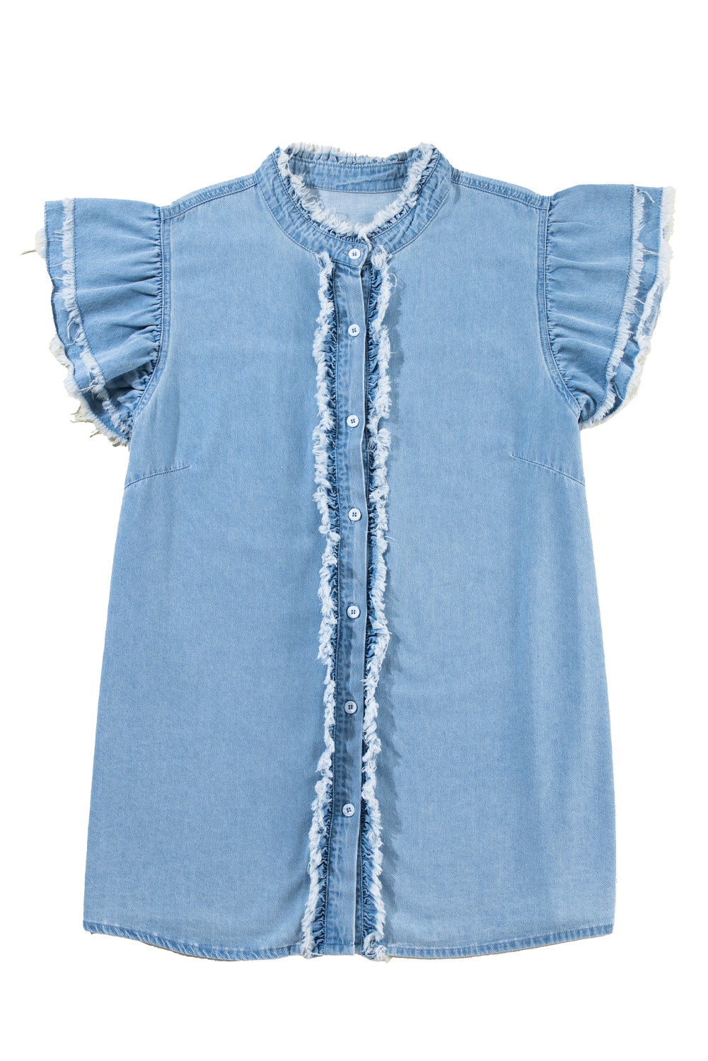 Dusk Blue Ruffled Sleeve Button Up Frayed Plus Size Denim Top