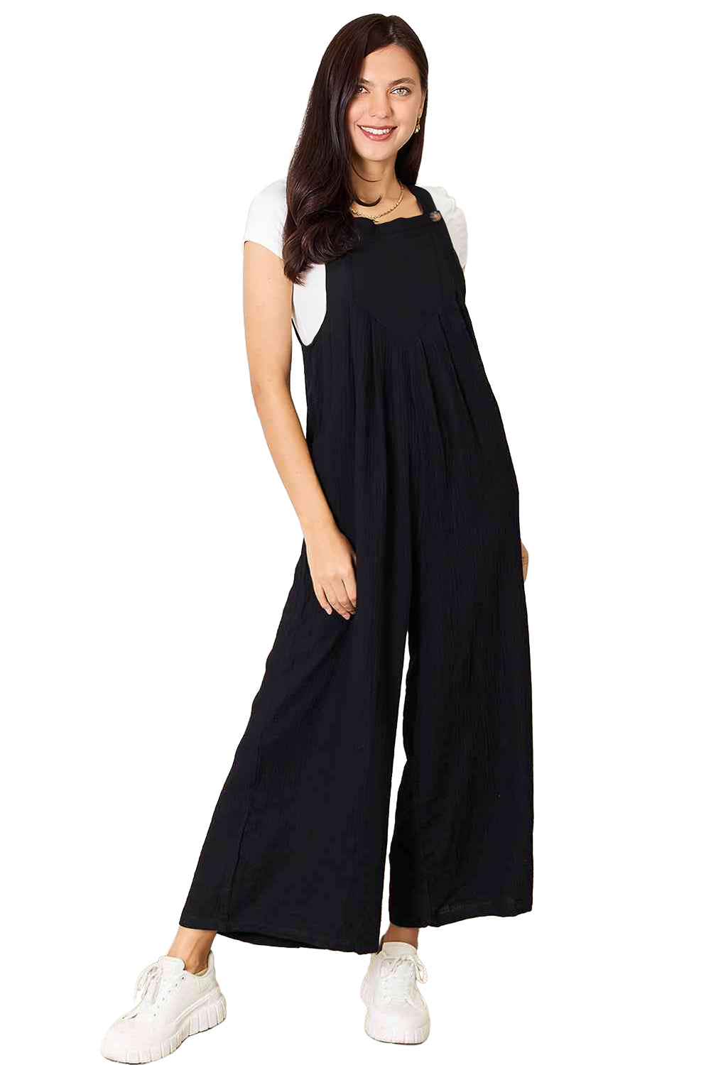 Black Buttoned Straps Crinkle Wide Leg Pocketed Overalls