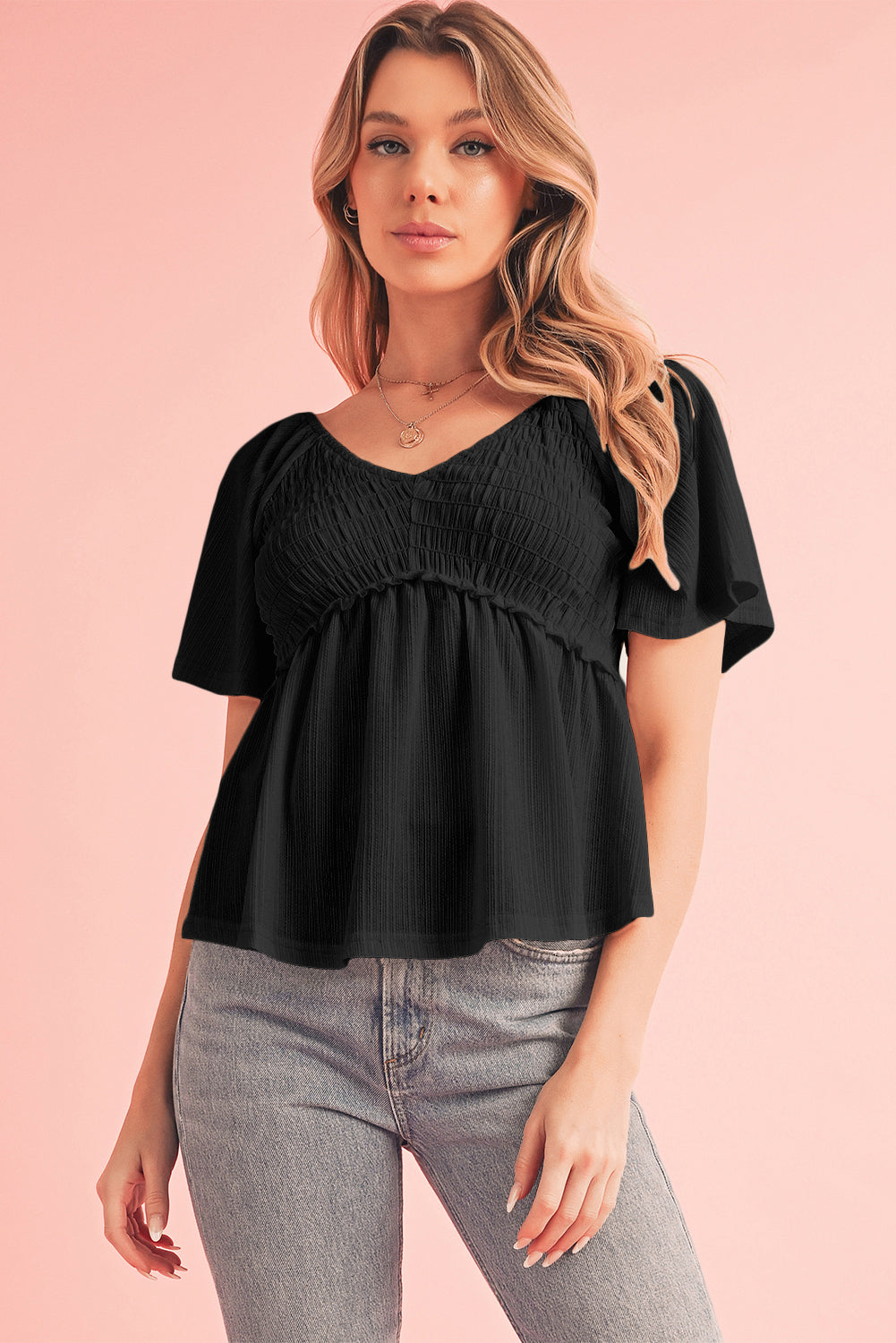 Shirred V Neck Short Flutter Sleeve Textured Blouse