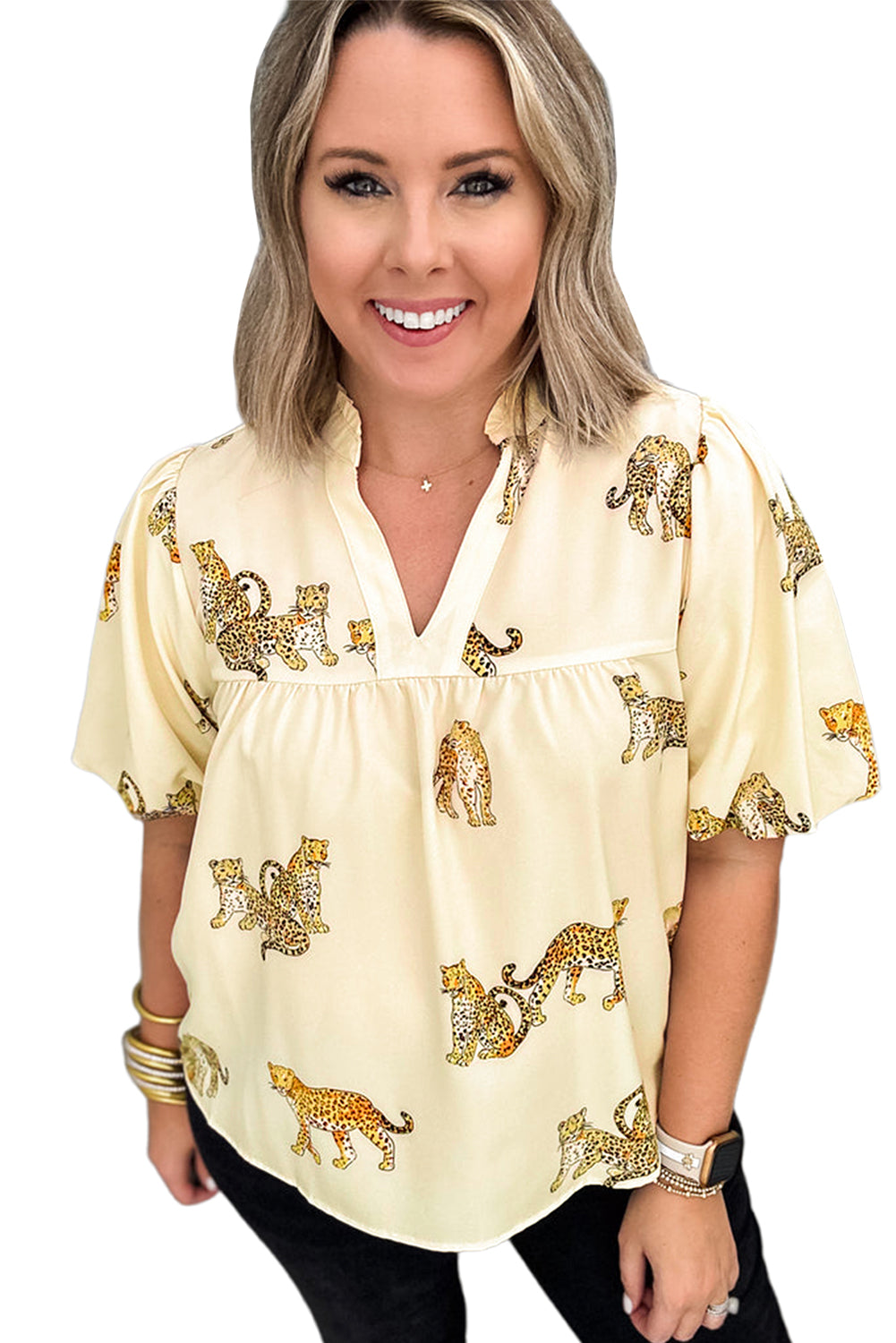 Curvy Cheetah Print Short Puff Sleeve Blouse