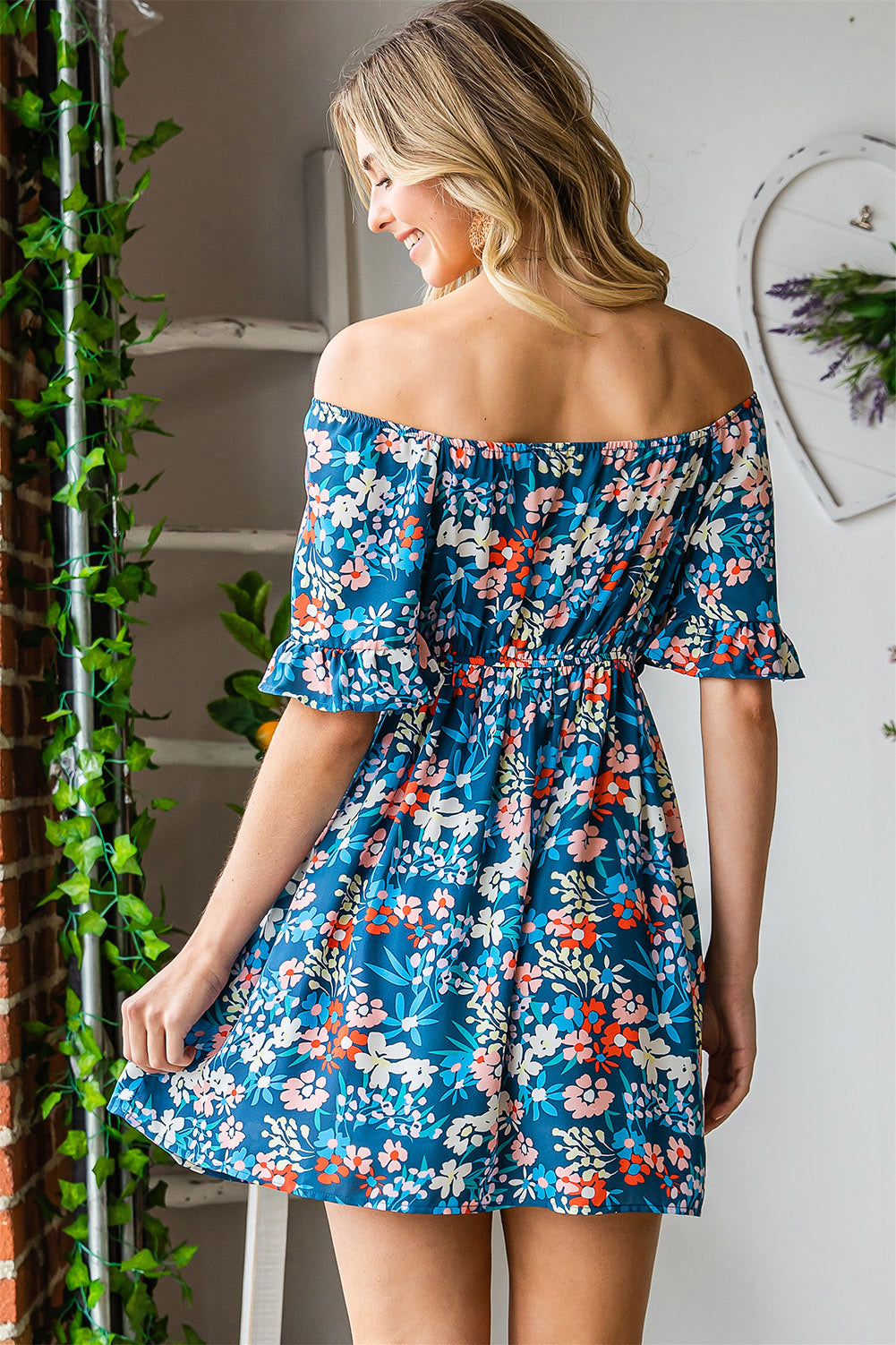 Bohemian Floral Print Off Shoulder Short Dress