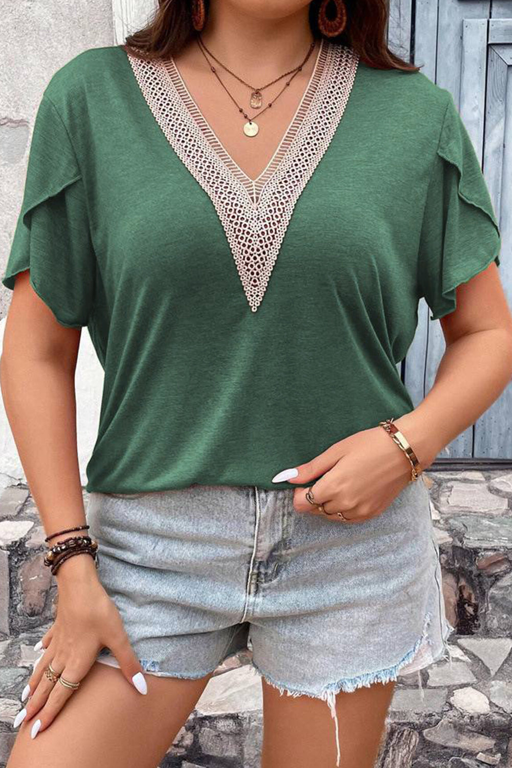 Green Plus Size Draped Sleeve Blouse