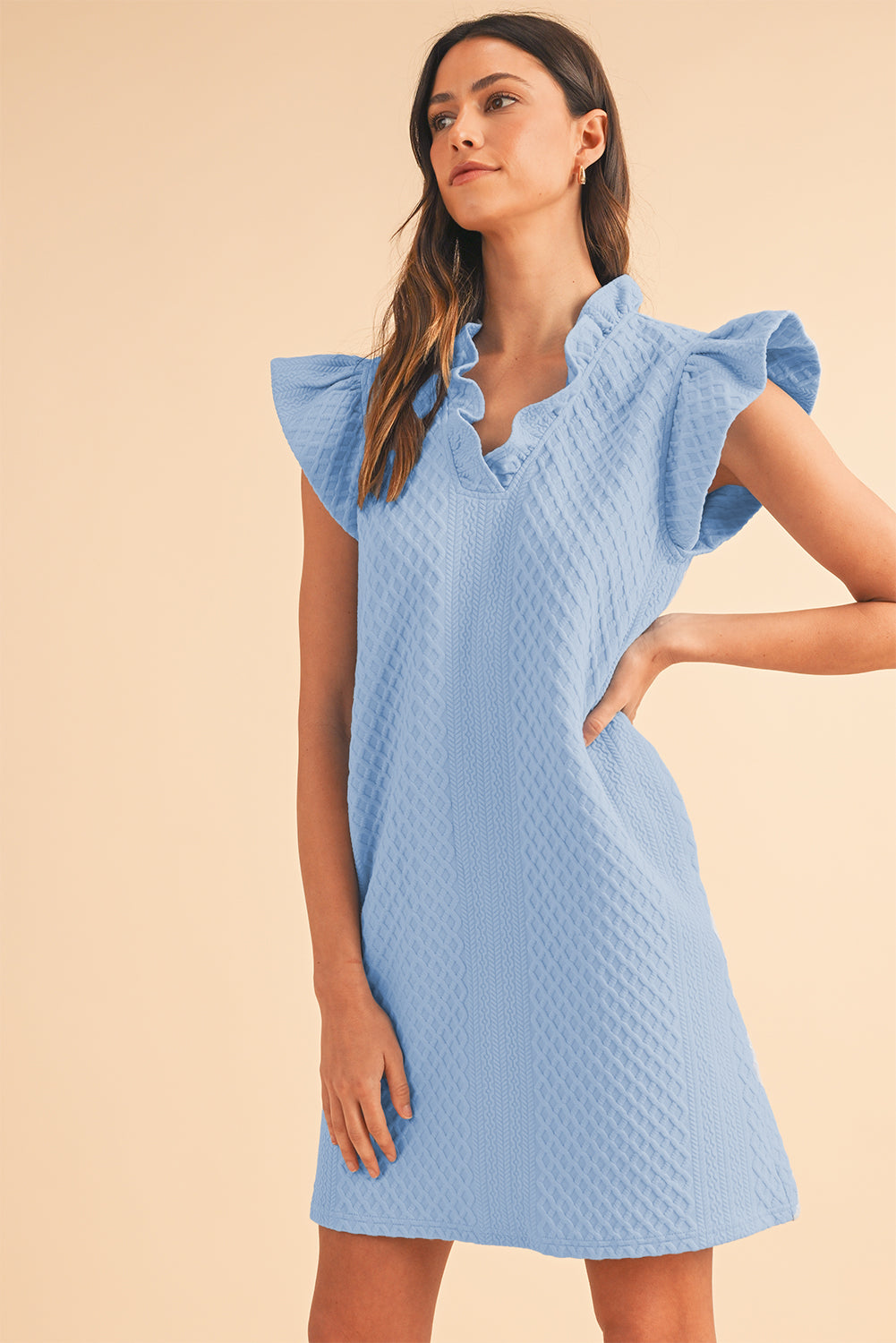 Light Blue Textured Puff Sleeve Ruffled V Neck Mini Dress