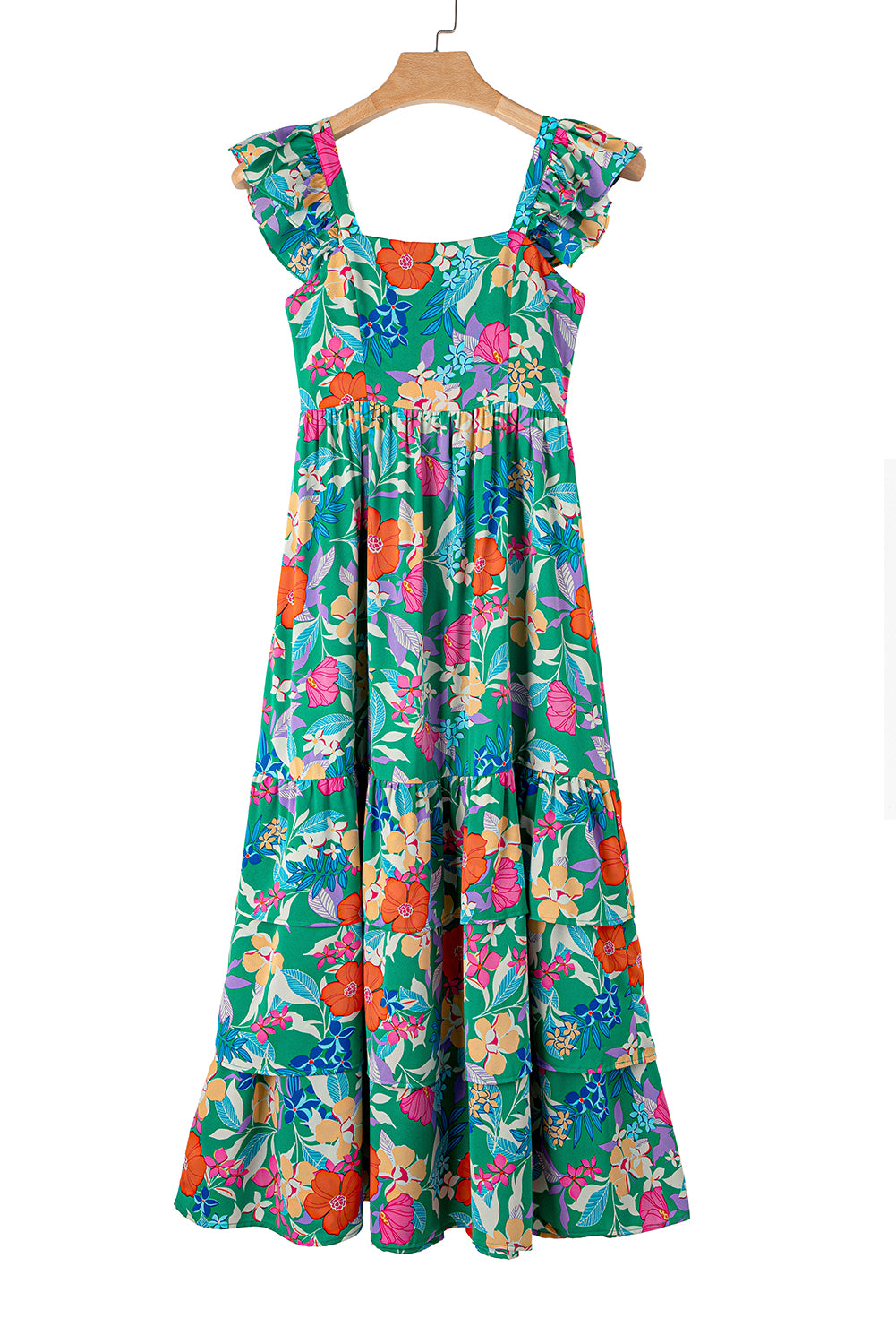 Boho Floral Print Ruffle Sleeveless Tiered Maxi Dress