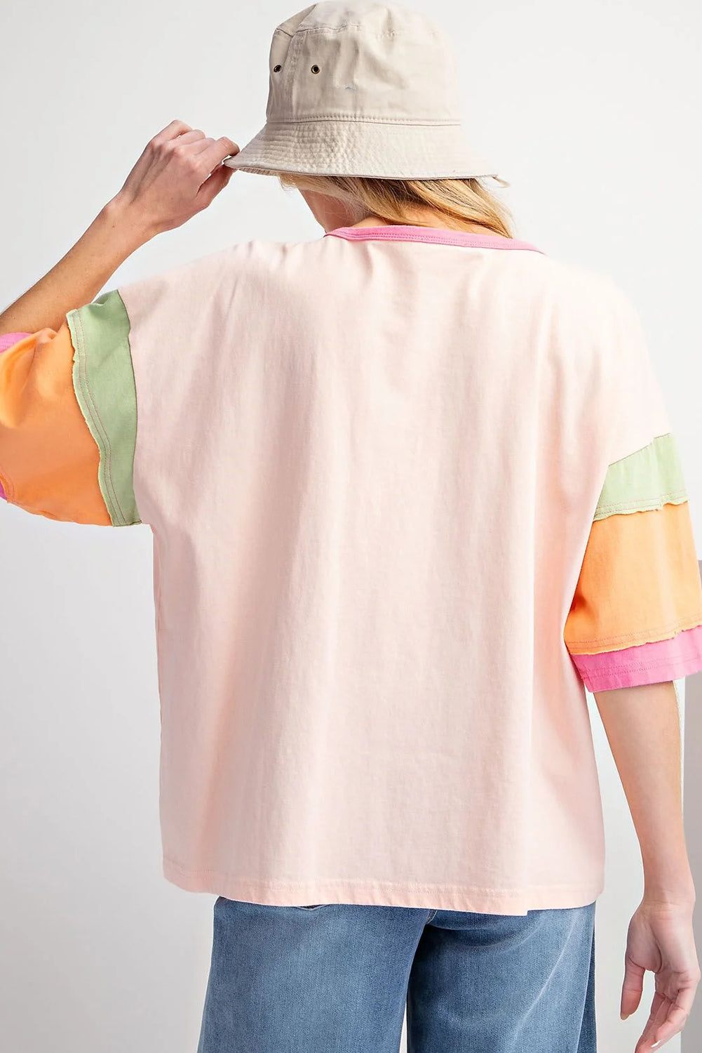 Pink Color Block Sleeve Round Neck Oversize Top-ETA Ship Date 5/23