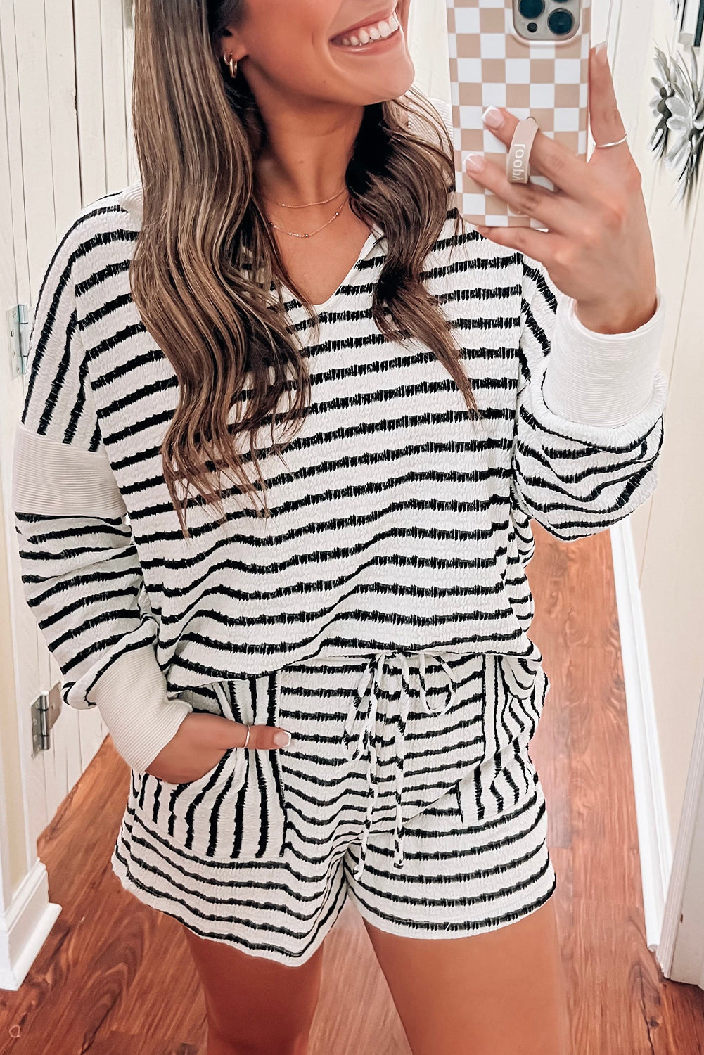 Black Stripe Textured V Neck Long Sleeve Top and Shorts Plus Size Set