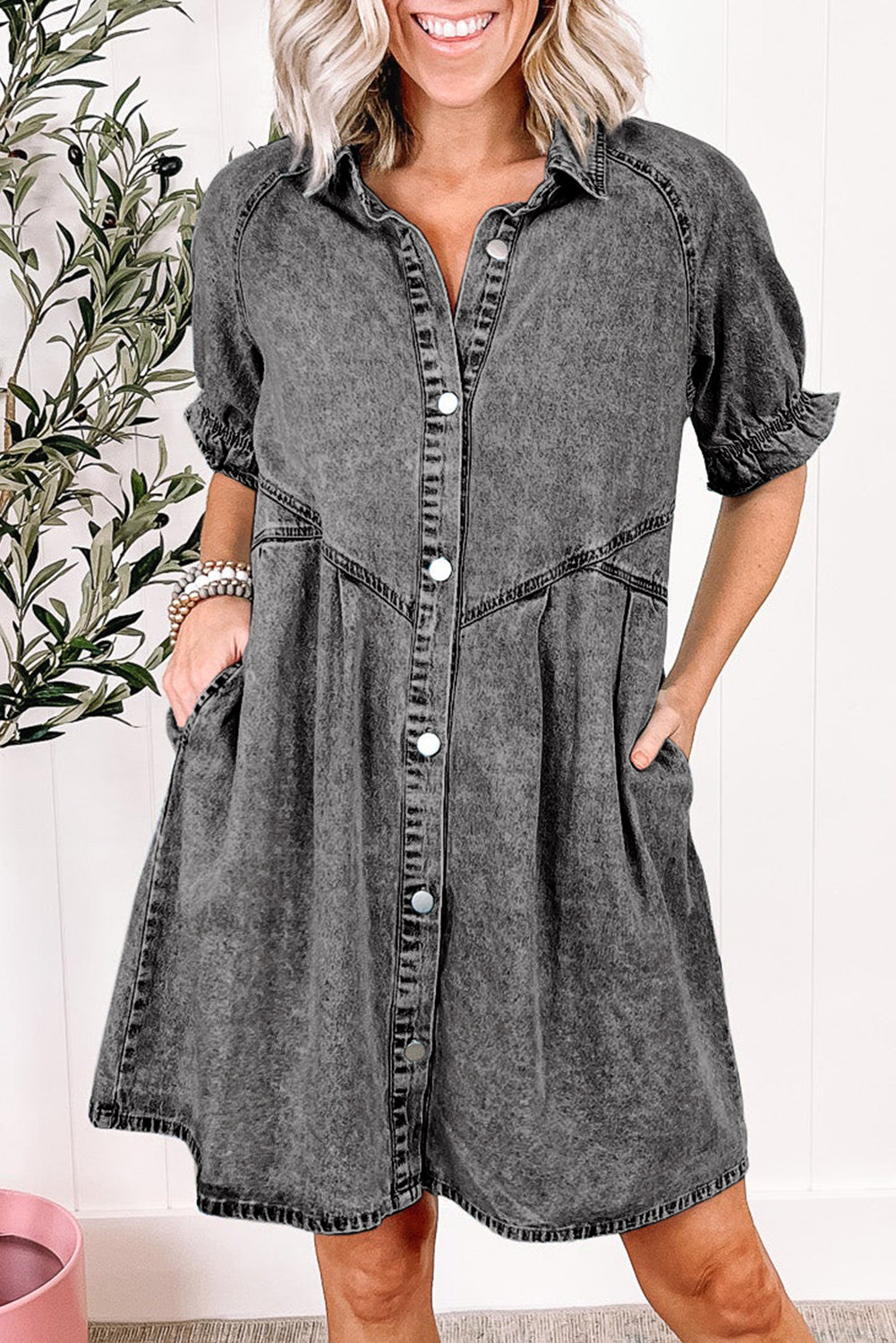 Blue Mineral Washed Ruffled Short Sleeve Pocketed Denim Dress