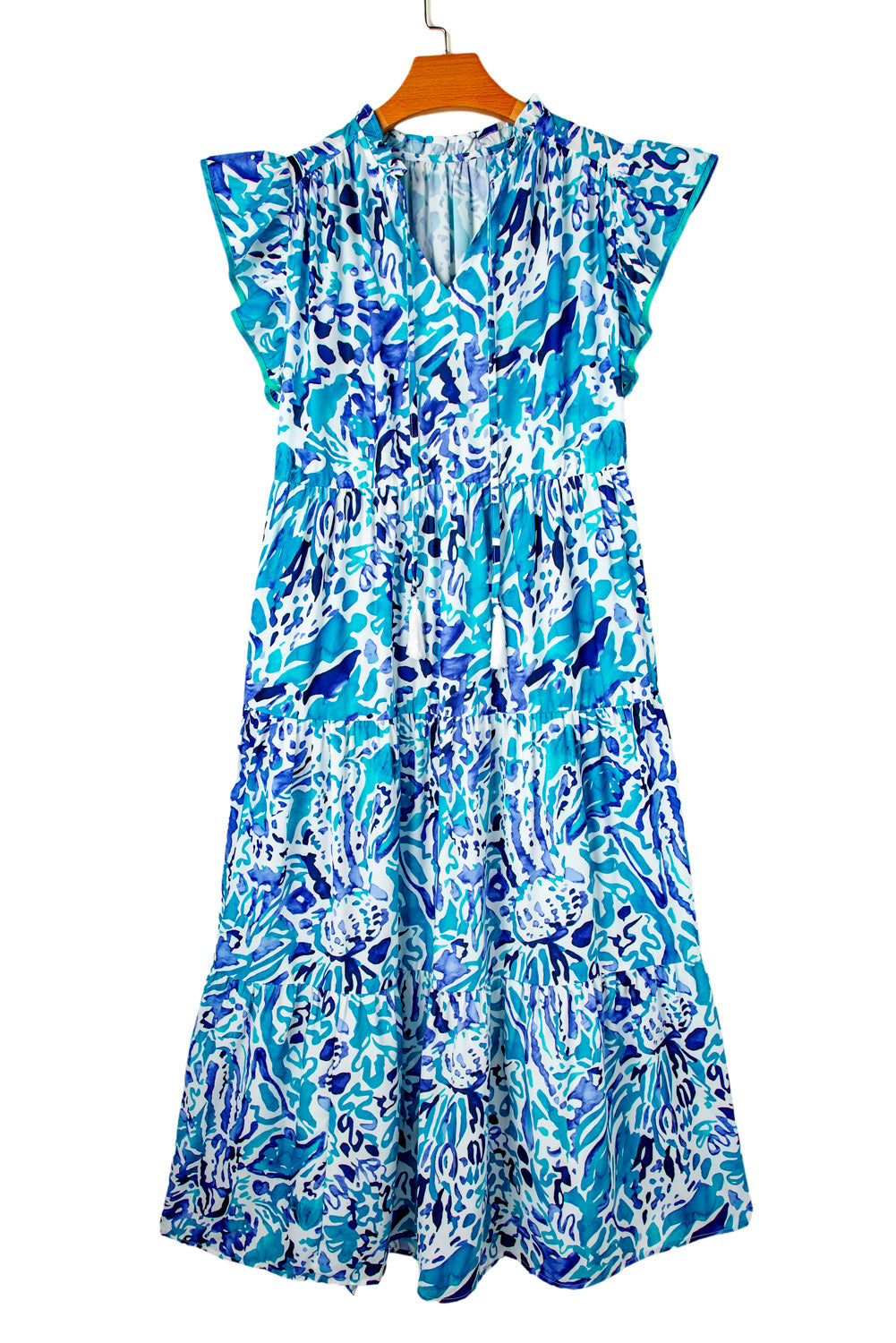 Sky Blue Abstract Print Split Neck Ruffle Tiered Dress