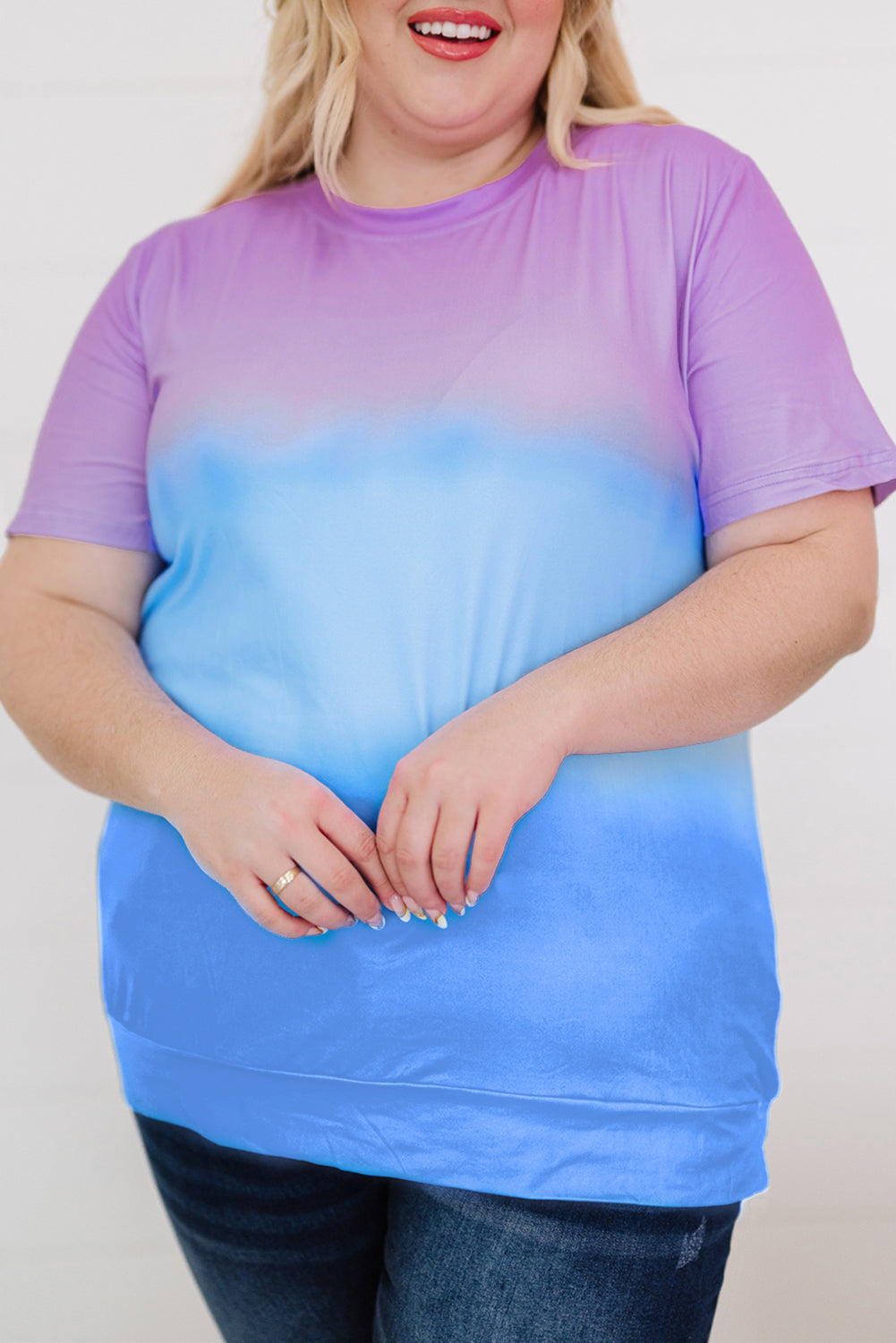 Purple Casual Crew Neck Tie-dye Colorblock Plus Size Tee