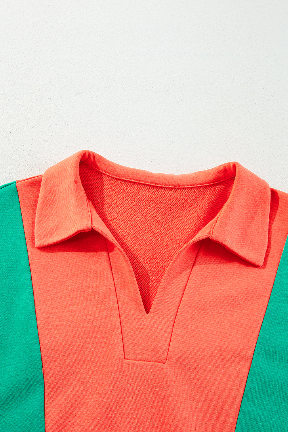 Green/Orange Color Block Patchwork Collared V Neck Loose Top