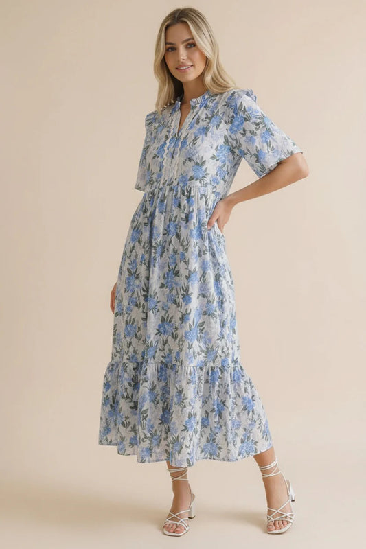 BLUE FLORAL RIC RAC BABYDOLL TIERED DRESS-PREORDER