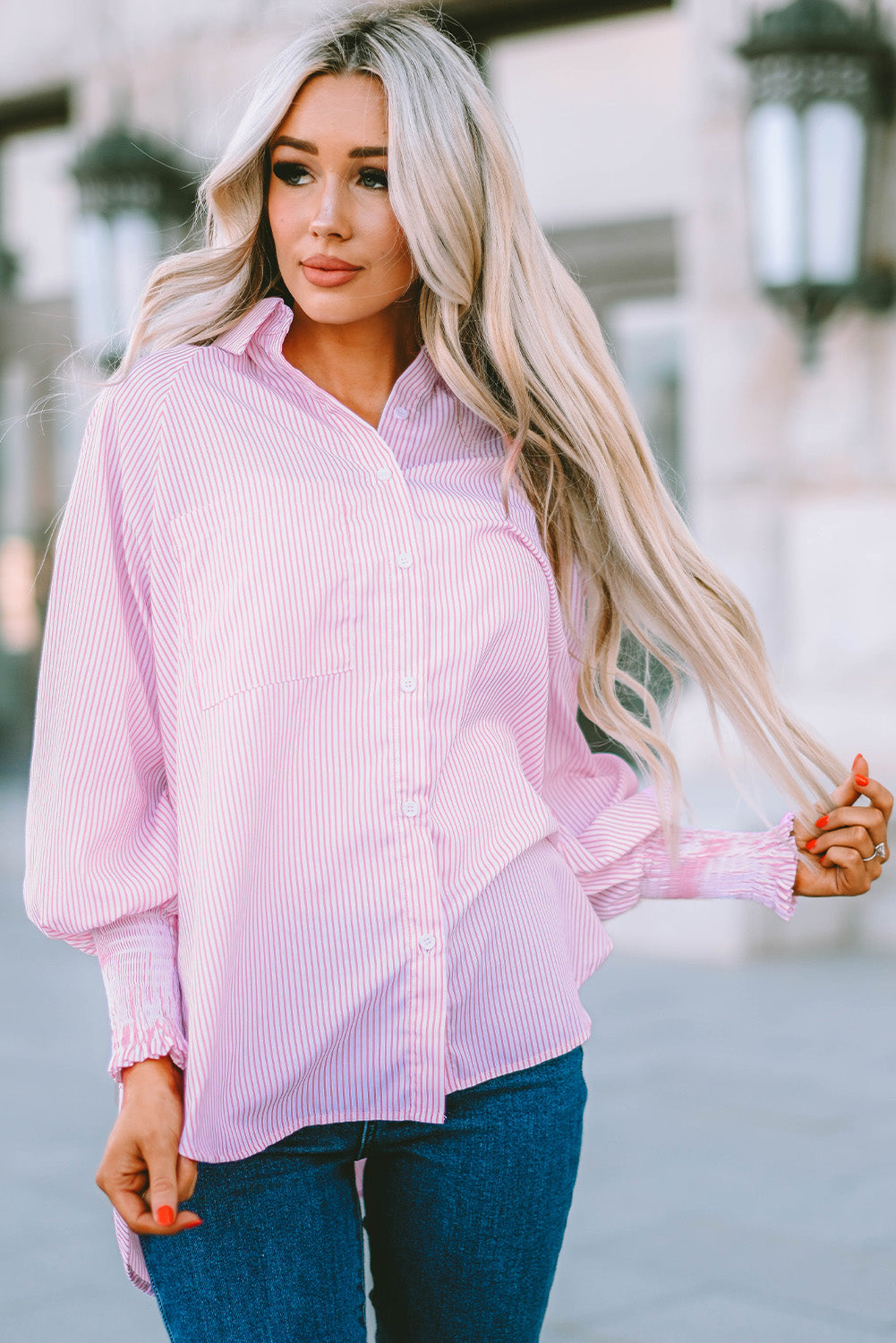 Striped Casual Shirred Cuffs Shirt