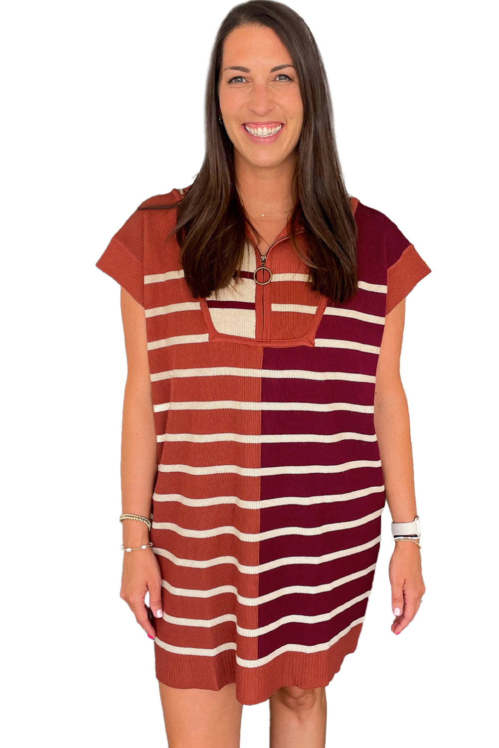 Striped Color Block Short Sleeve Quarter Zip Mini Dress