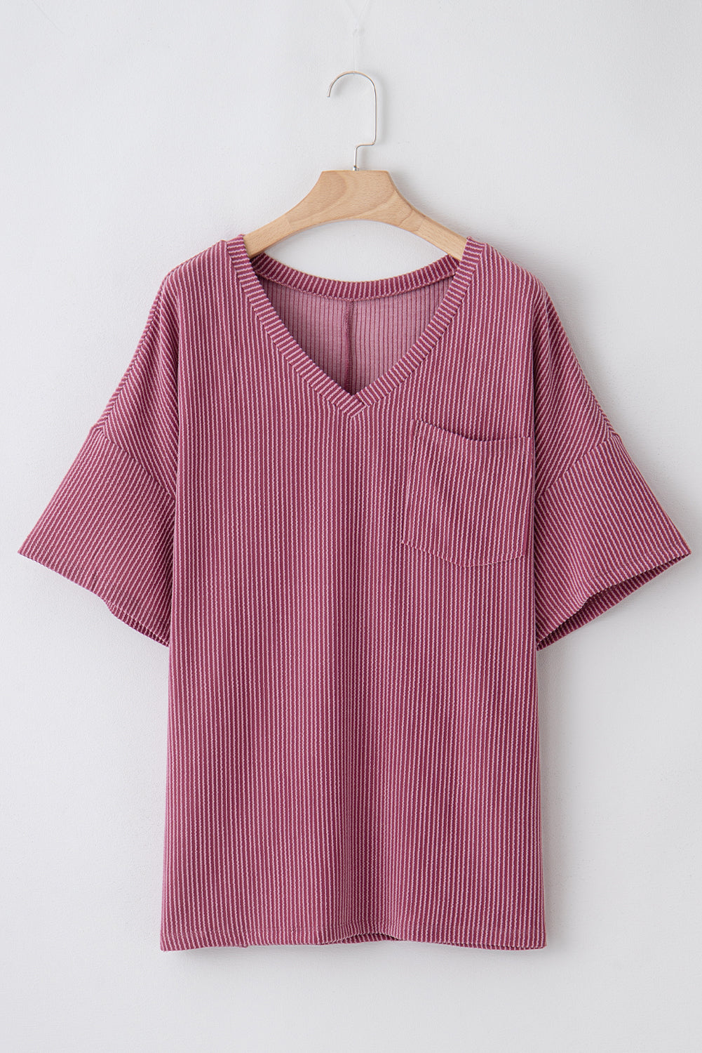 Rose Pink Textured V-Neck Dropped Shoulder Plus T-Shirt