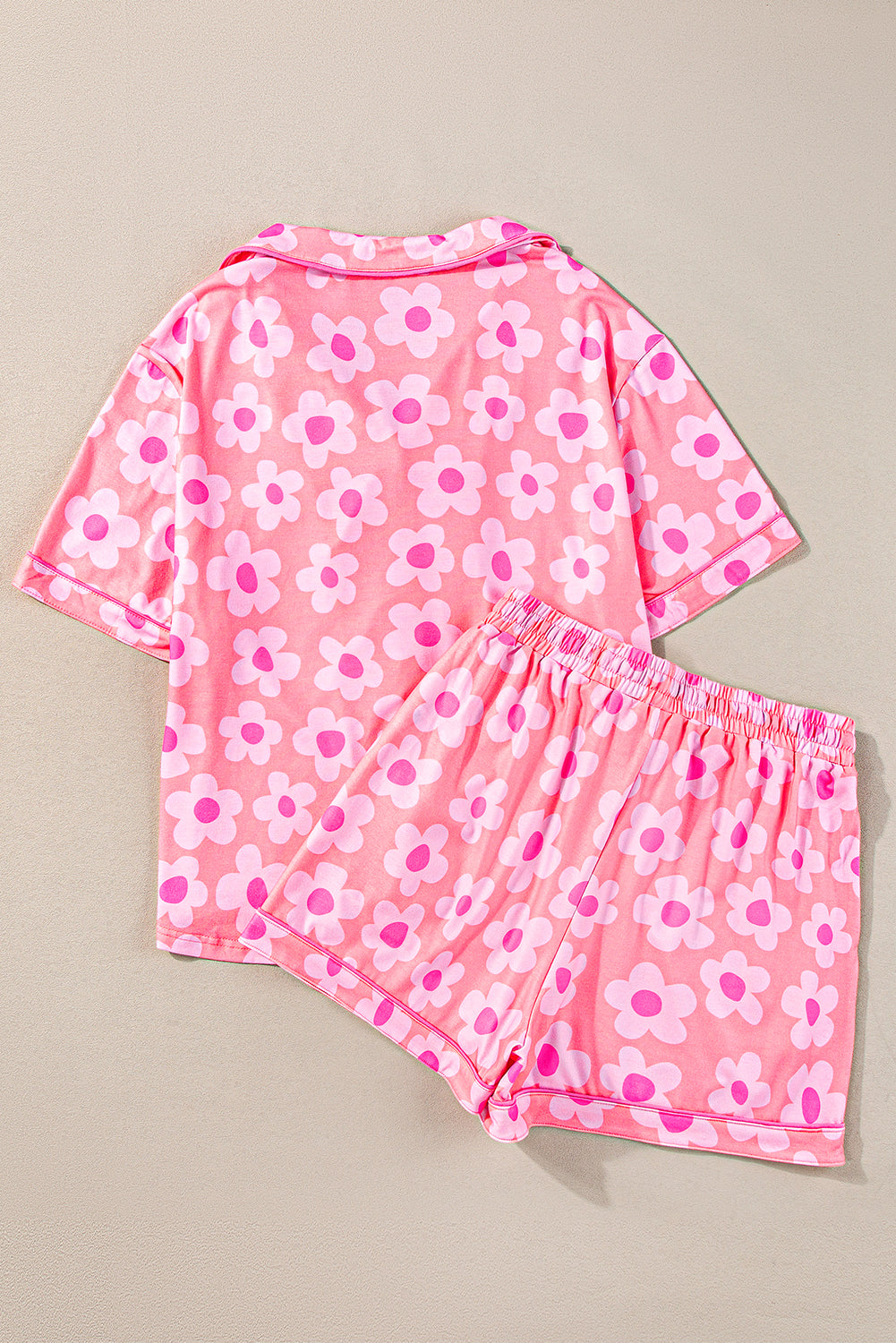 Pink 60s Flower Print Buttoned Shirt and Drawstring Waist Pajama Set