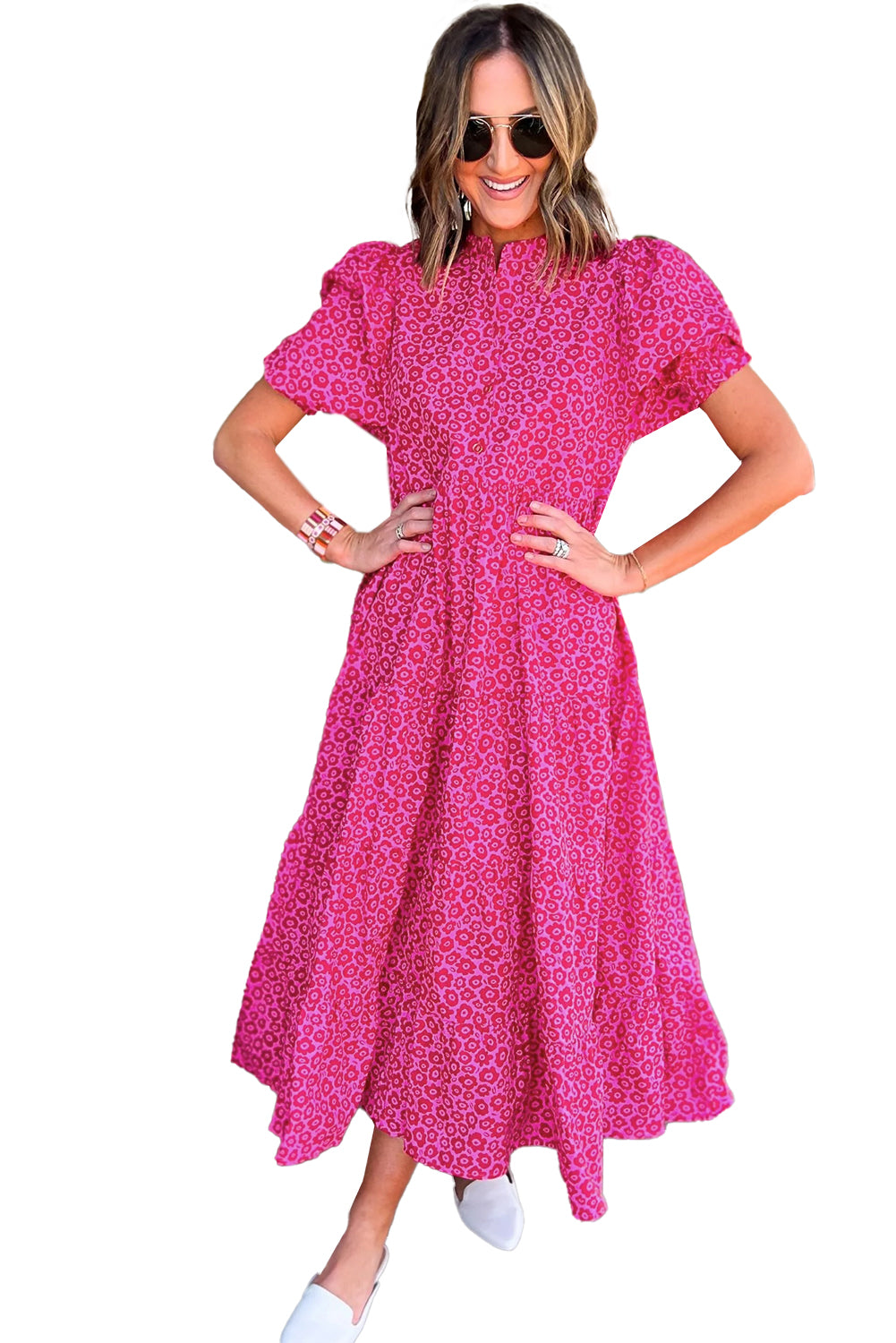 Wholesale Rose Red Mock Neck Puff Sleeve Floral Tiered Maxi Dress