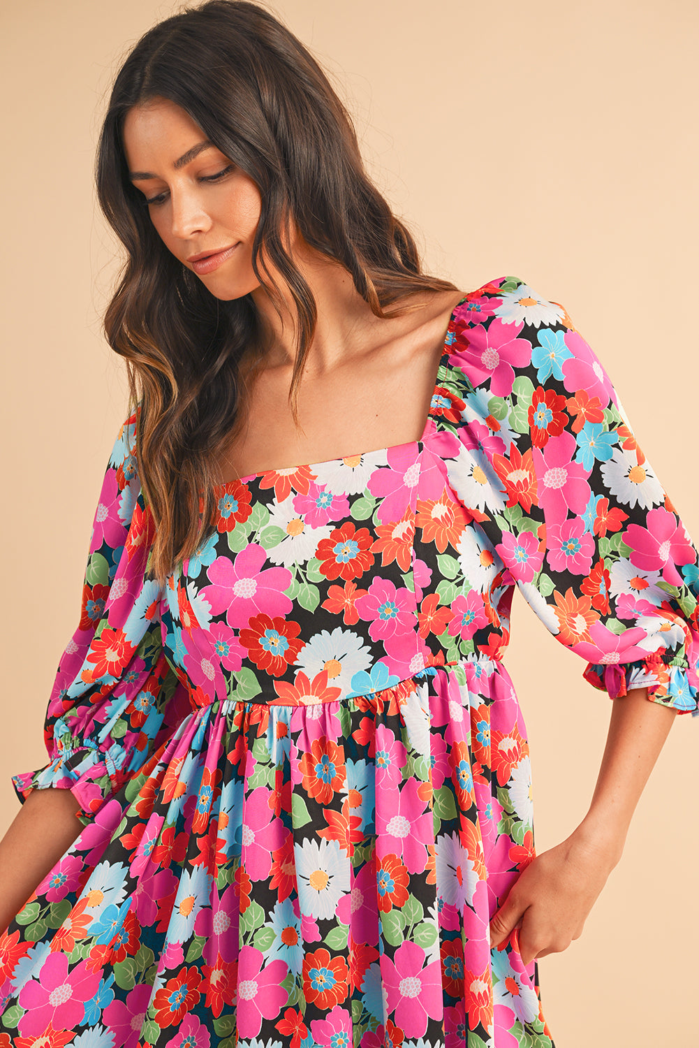 Rose Floral Print Square Neck Short Puff Sleeve Dress