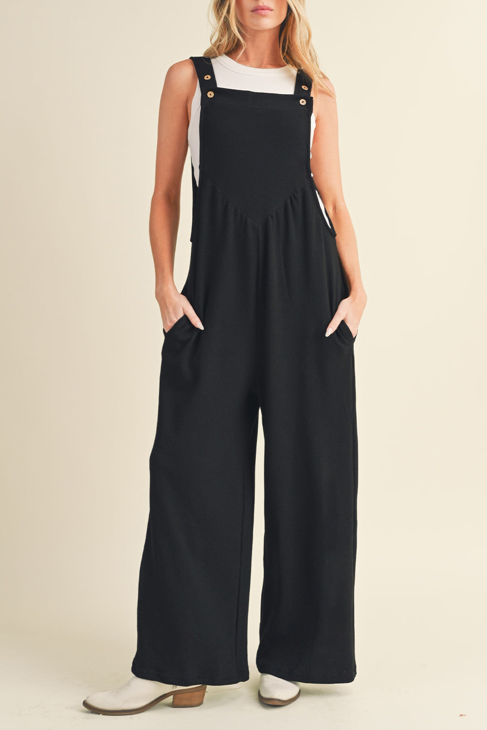 Black Adjustable Straps Ruched Wide Leg Jumpsuit